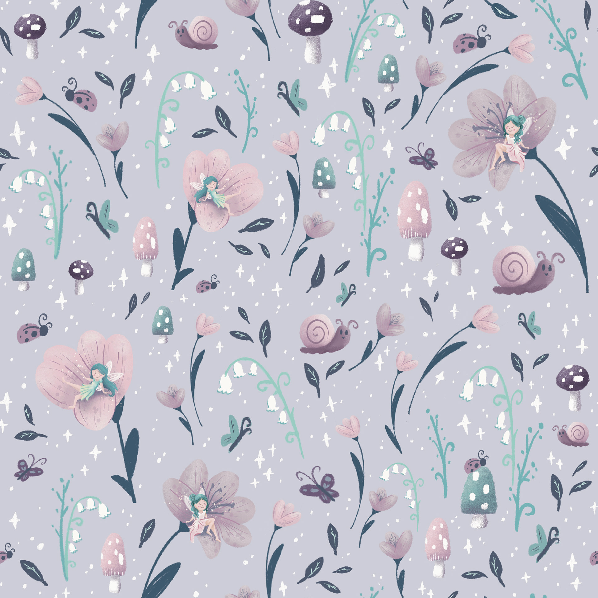 'Fairy Garden in purple' Focal Pattern Digital Illustration