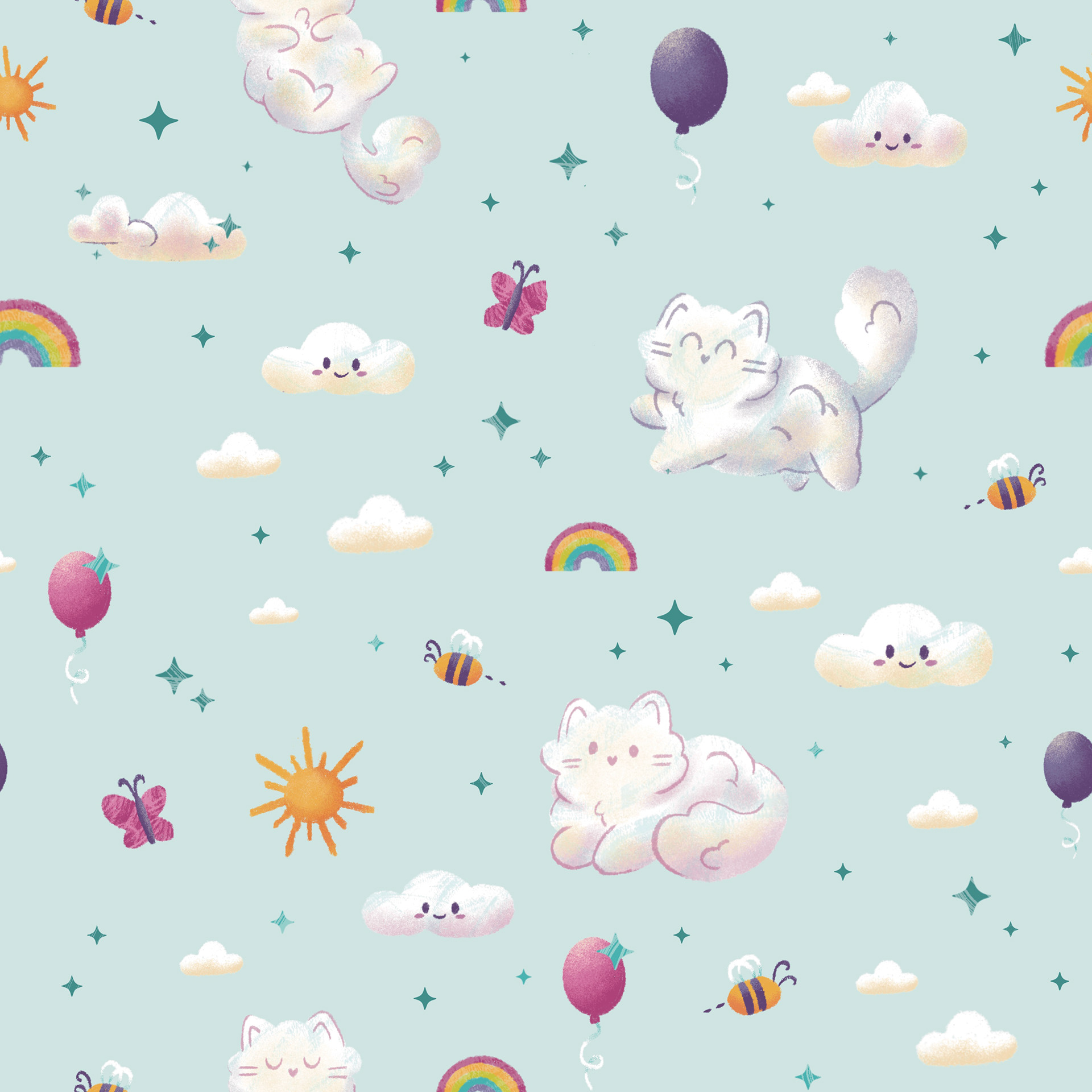 DayDreaming Cat Cloud in Blue, Pattern, Digital Illustration