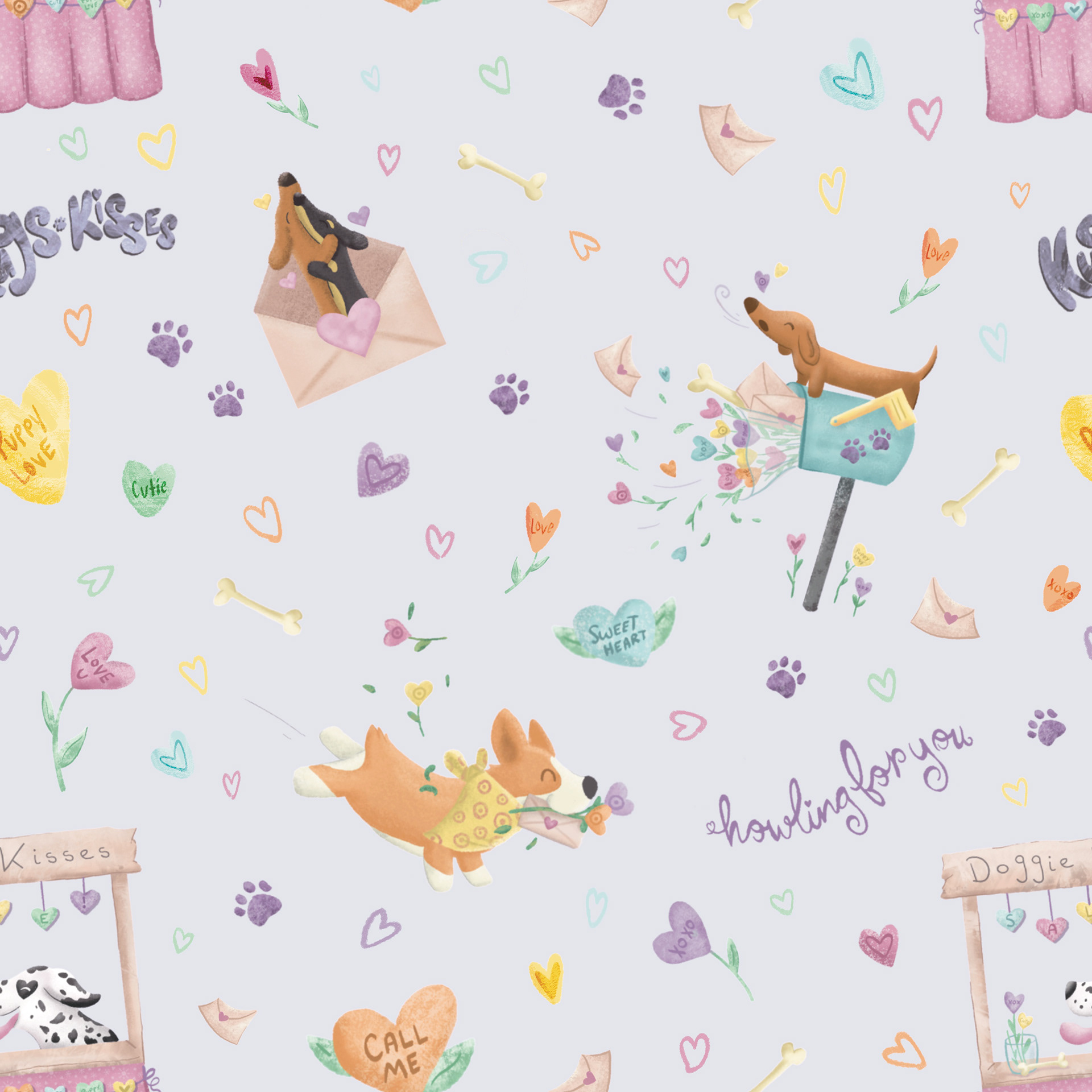 Puppy Love in Purple Pattern Digital Illustration