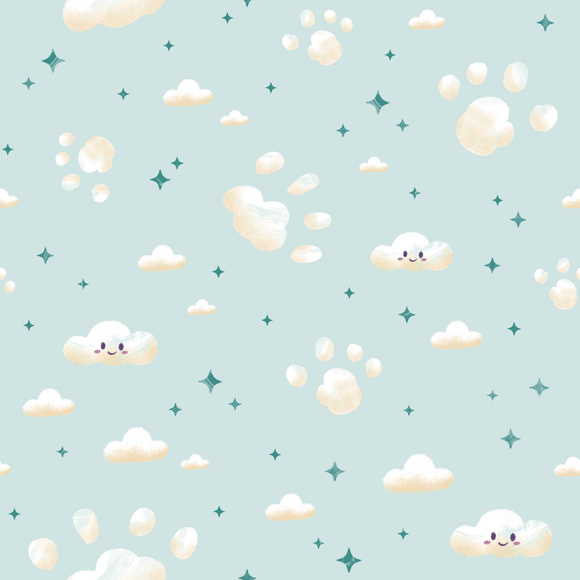 Playful Sky in Blue, Pattern, Digital Illustration