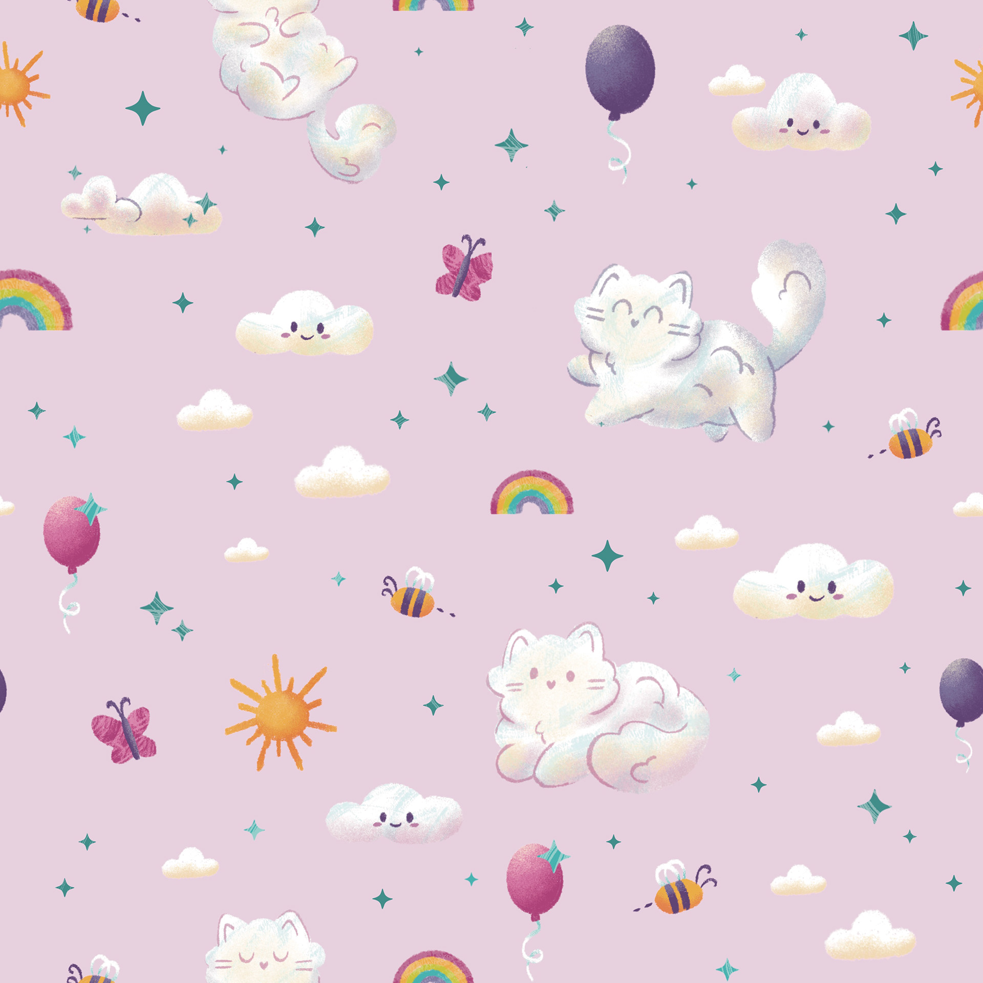 DayDreaming Cat Cloud in Pink, Pattern, Digital Illustration