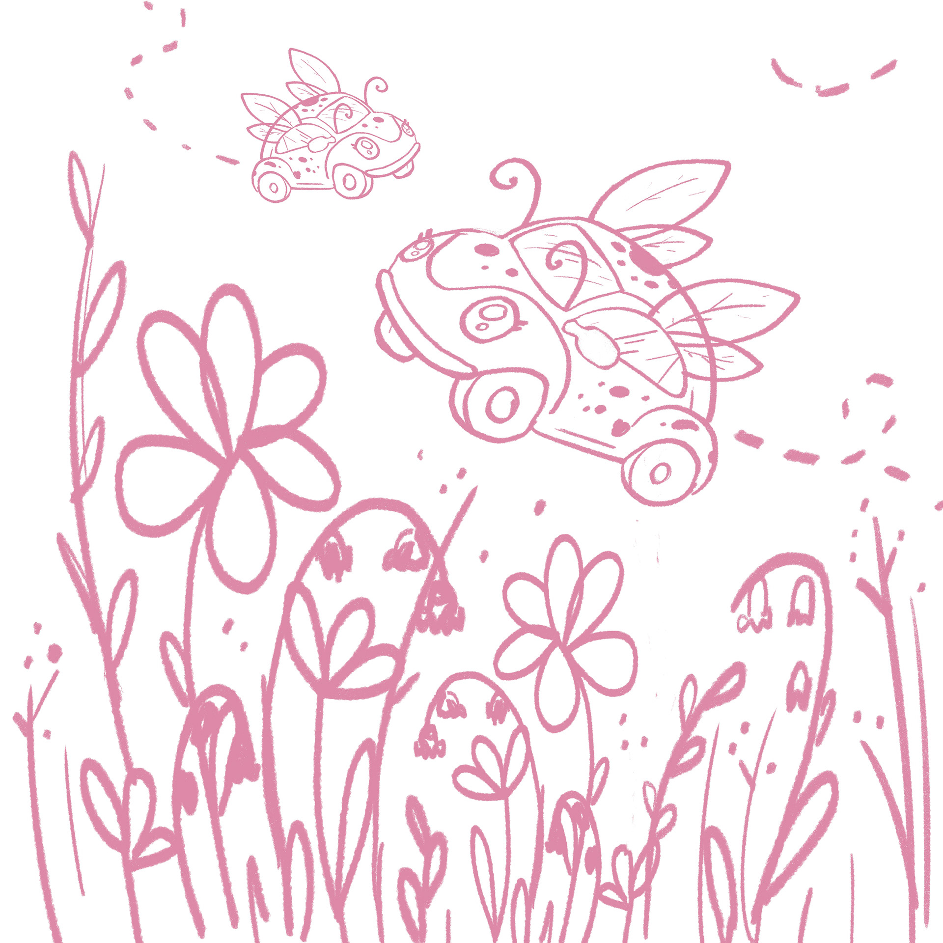 The Bug Bugs, Flying Beetle cars, Digital Sketch, 12 x 12"