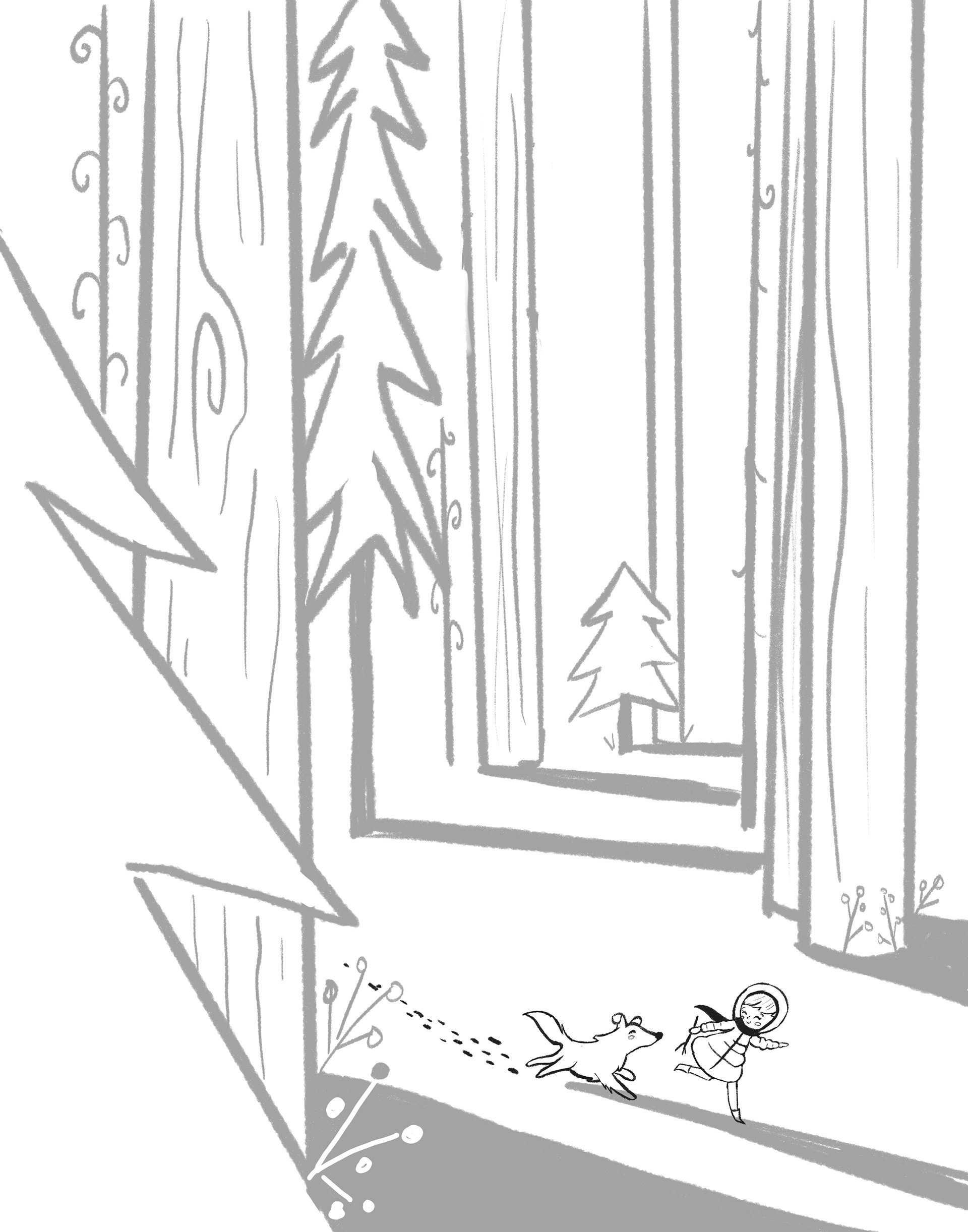 A Girl and Her Dog Running Through the Snowy Forest, Digital Sketch, 11x 14"