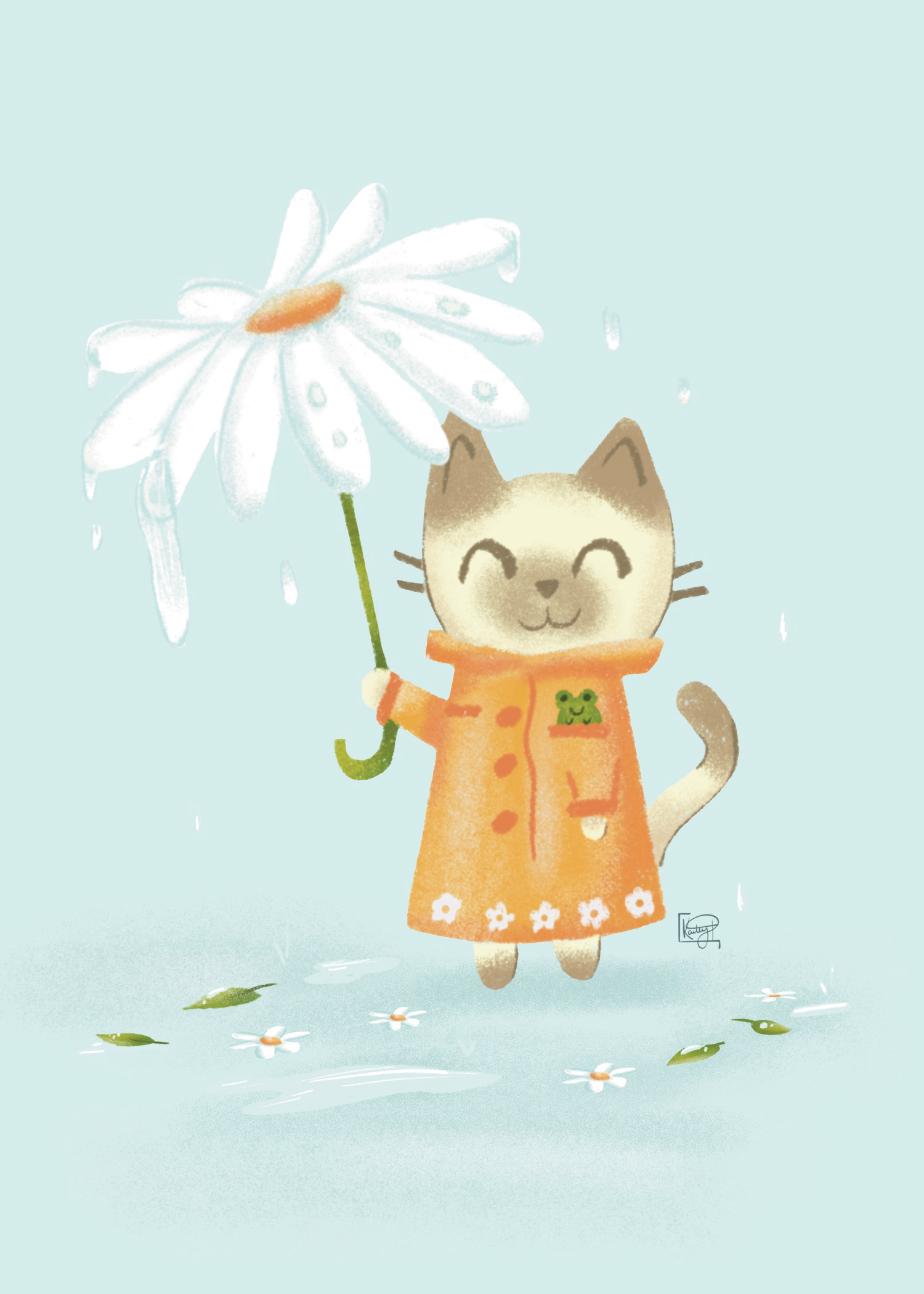 Siamese Cat with Daisy Umbrella 5x7" Digital Illustration