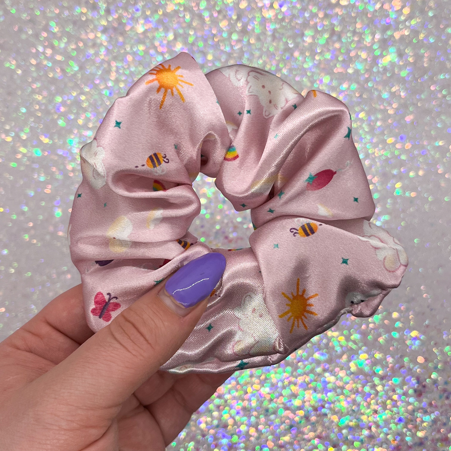 Pink Daydreaming Cat Cloud Satin Hair Scrunchie