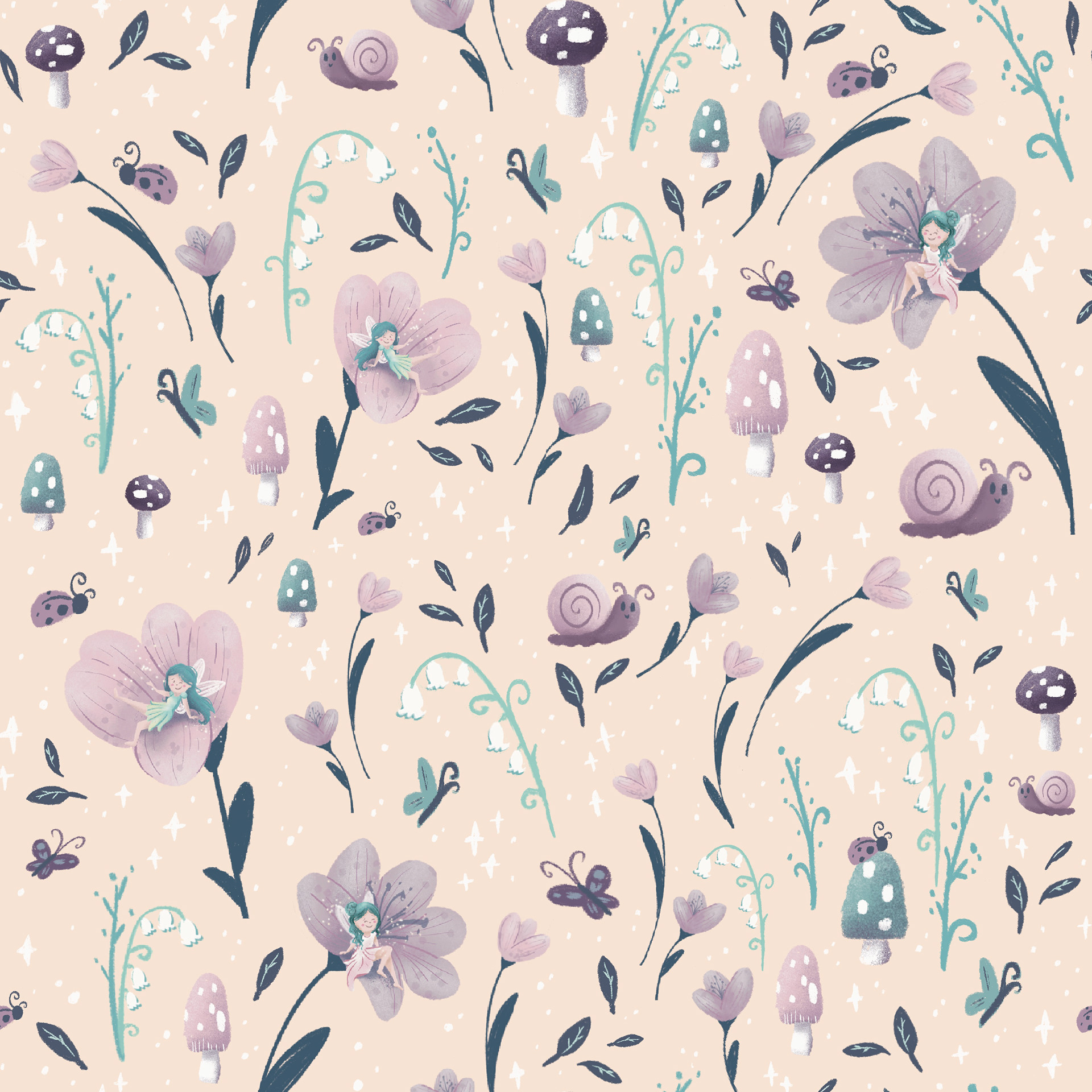 'Fairy Garden in peach' Focal Pattern Digital Illustration