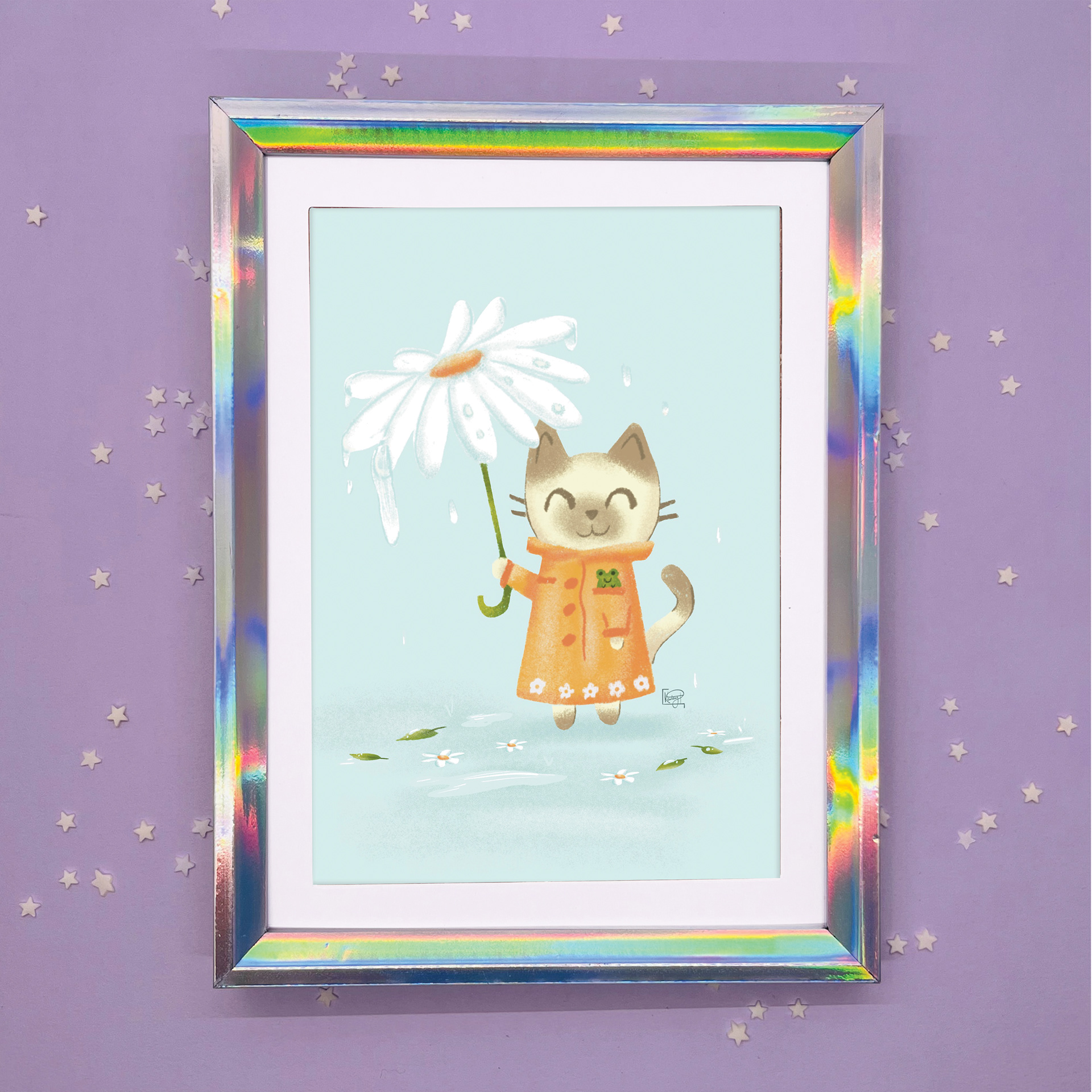 Siamese Cat with a Daisy Umbrella Art Print
