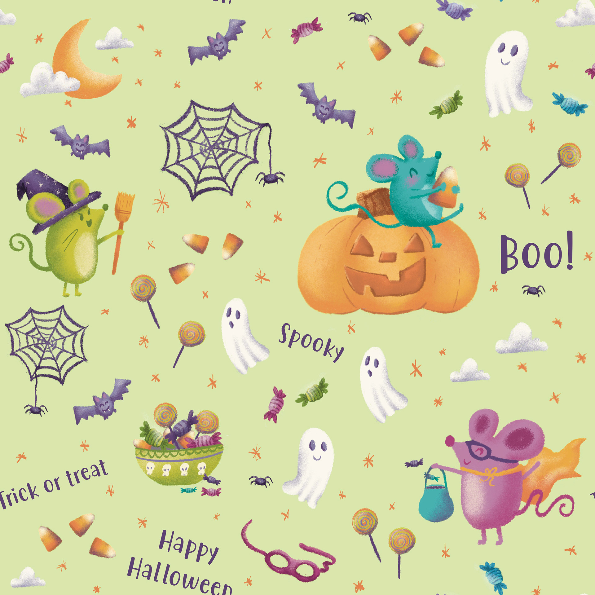 'Trick or Treat - green' Focal Pattern Digital Illustration