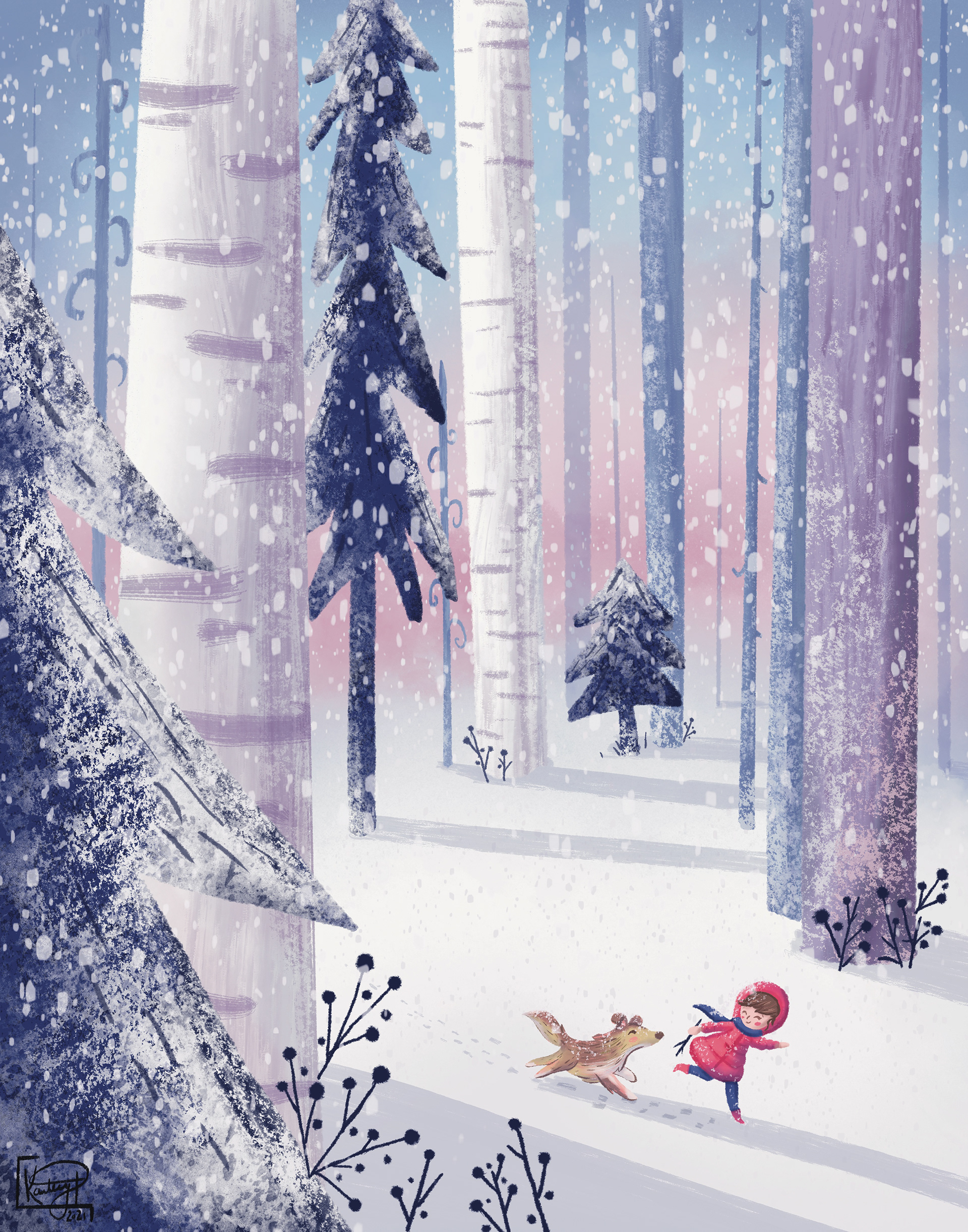 A Girl and Her Dog Running Through the Snowy Forest , Digital Illustration, 11x 14" 