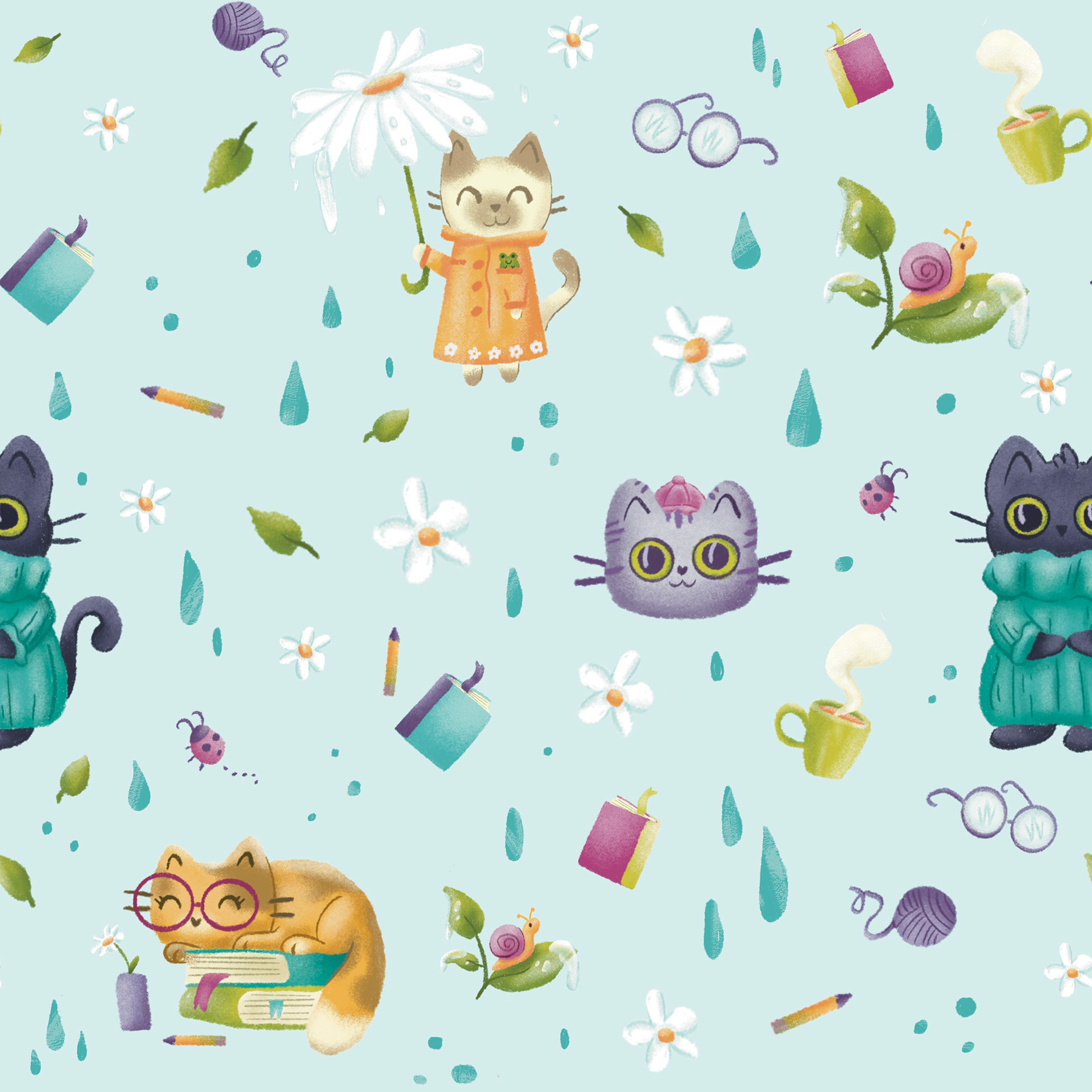 'Rainy Sunday Cats in Blue' Focal Pattern 12x12" Digital Illustration