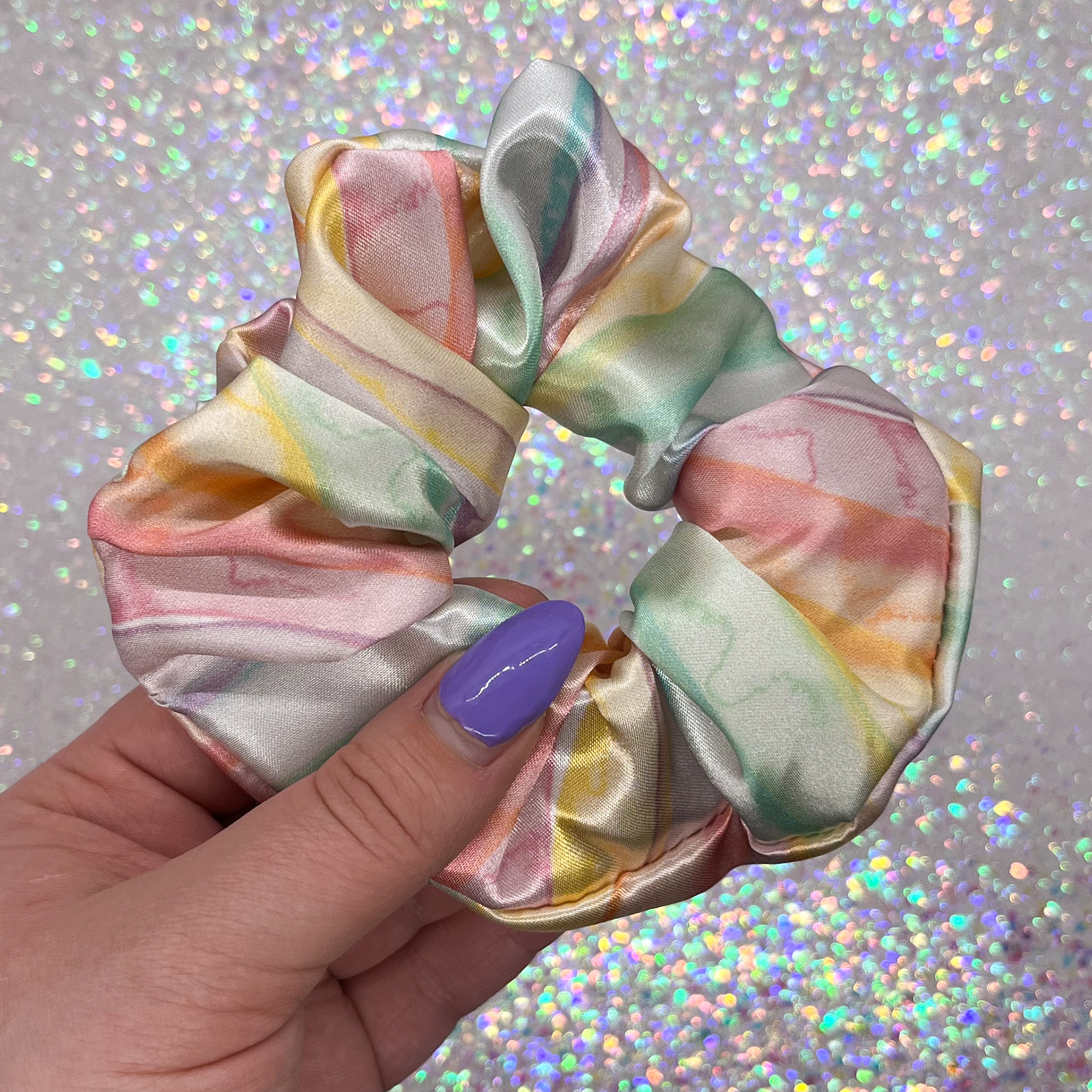 Rainbow Watercolor Satin Hair Scrunchie