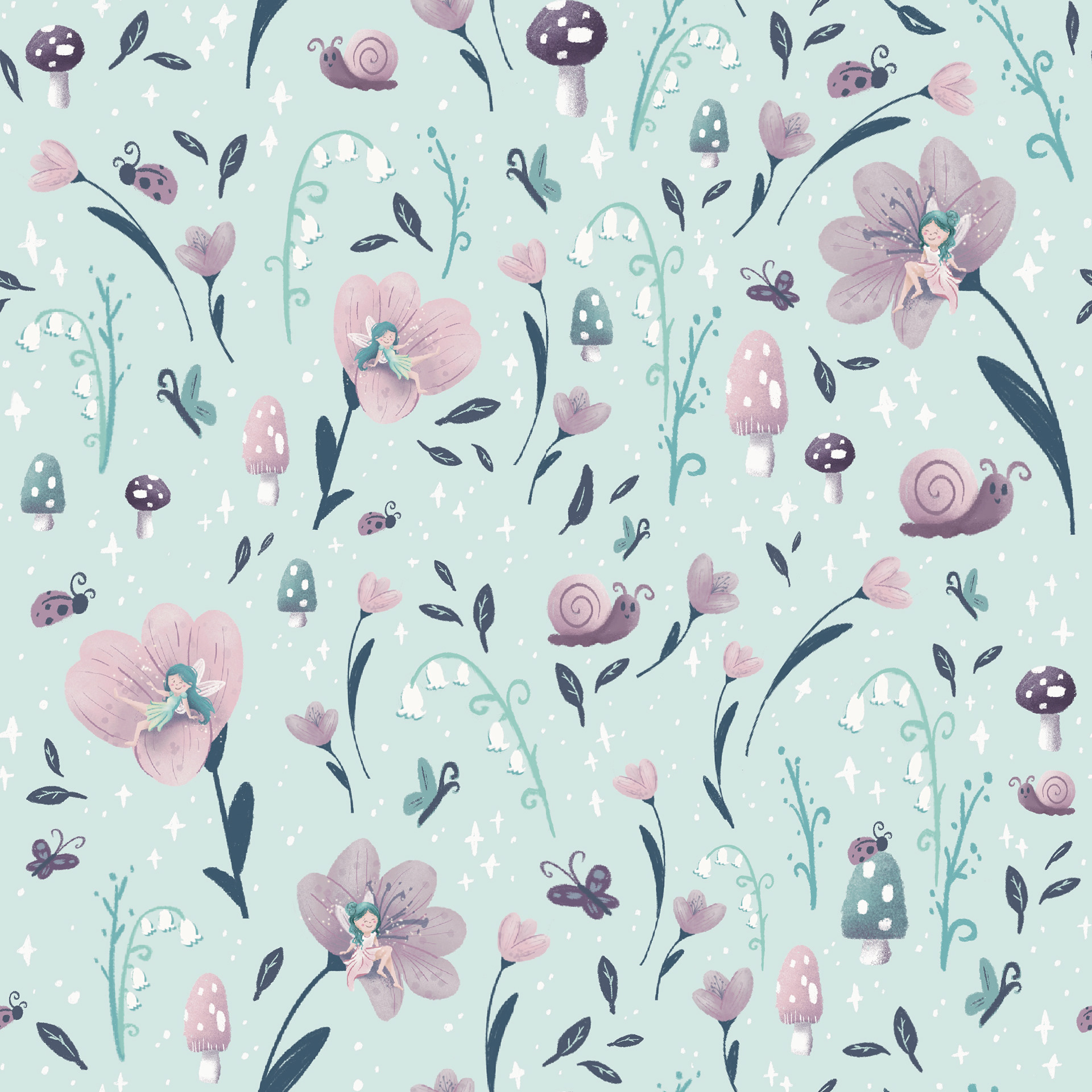'Fairy Garden in blue' Focal Pattern Digital Illustration