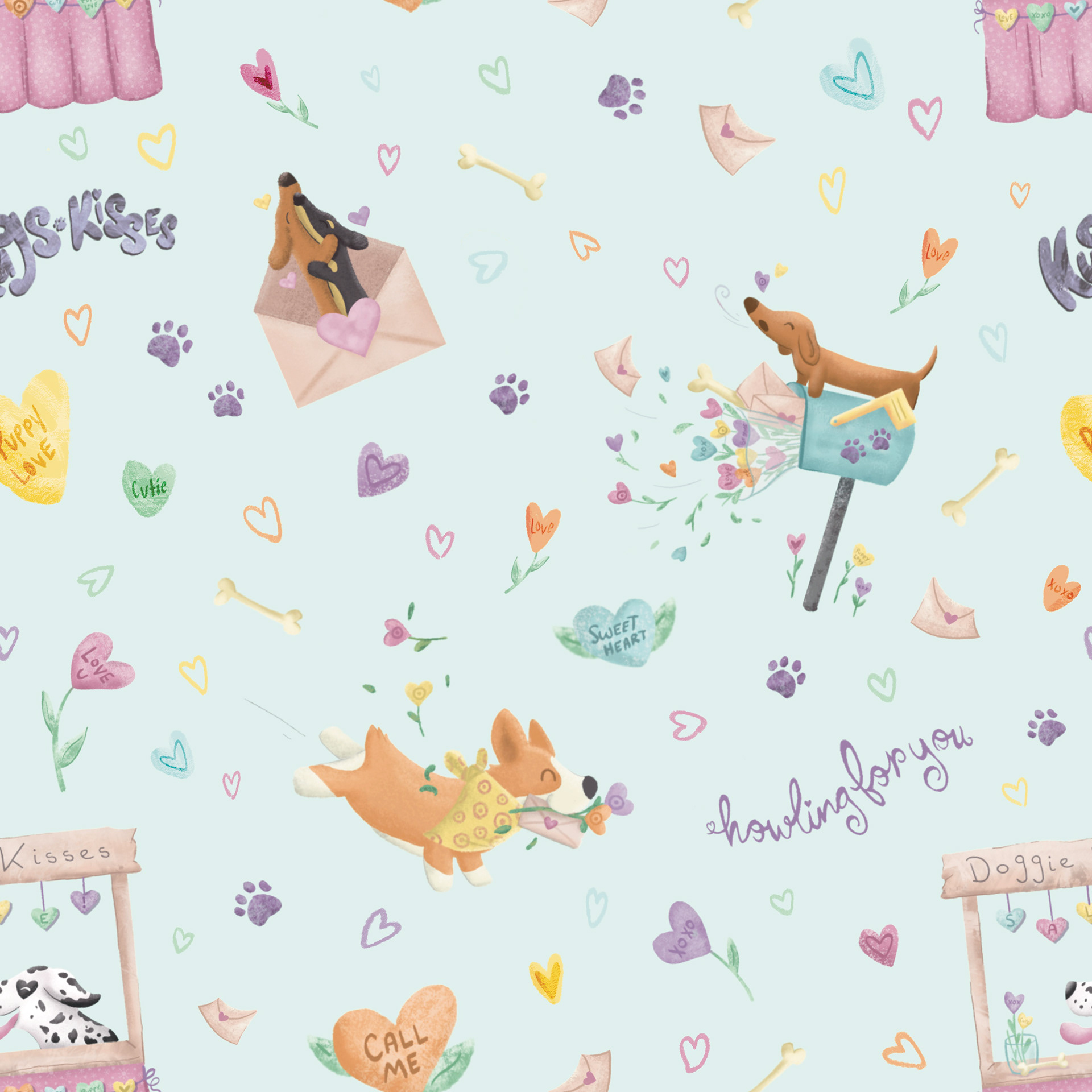 Puppy Love in Blue Pattern Digital Illustration