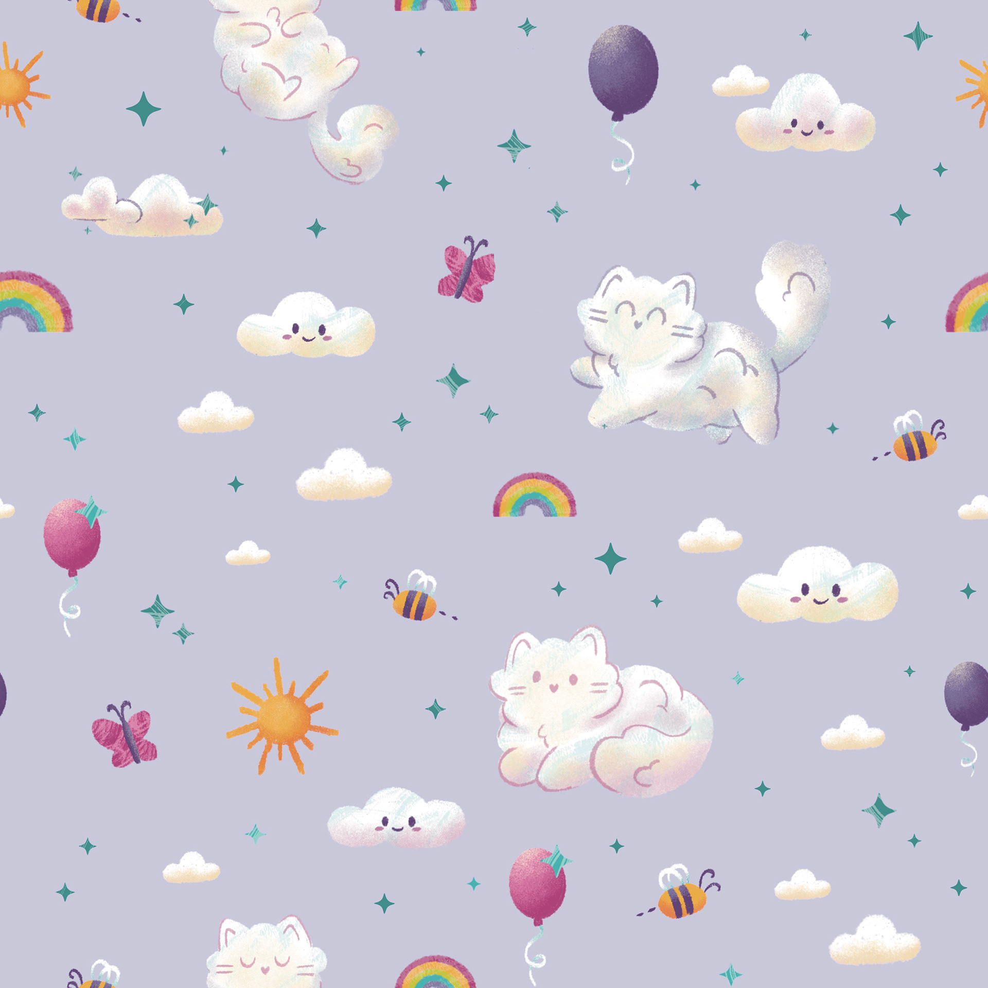 DayDreaming Cat Cloud in Purple, Pattern, Digital Illustration