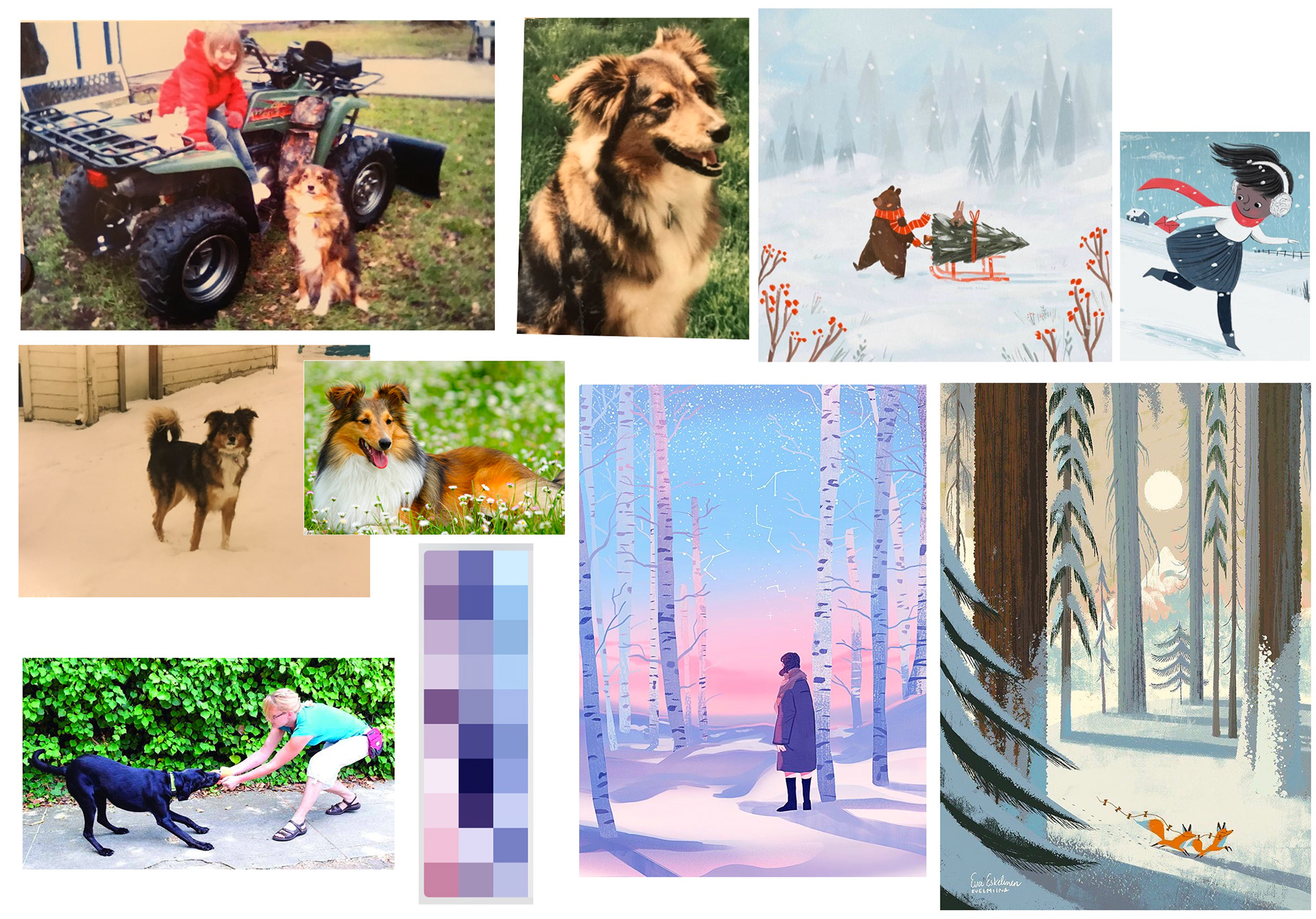 Moodboard and Personal Photo Reference for A Girl and Her Dog Running Through the Snowy Forest