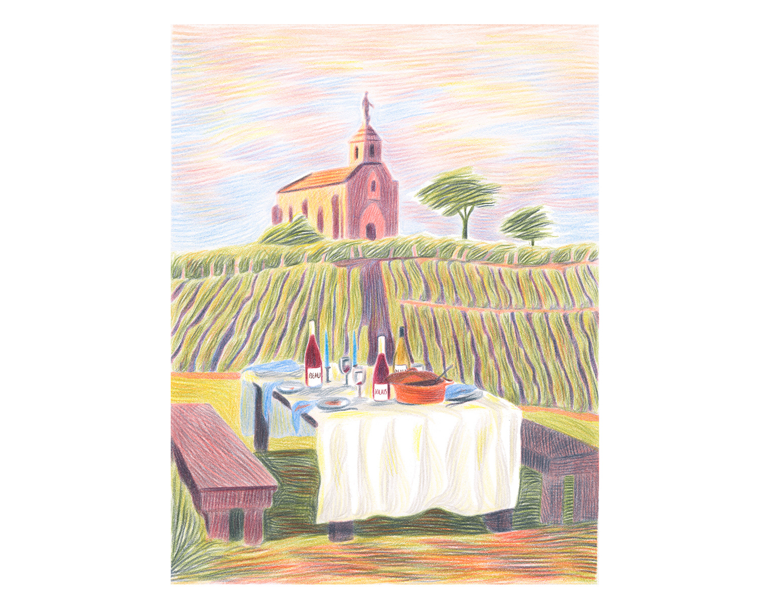 caroline peron fooding illustration crayon de couleur vin beaujolais