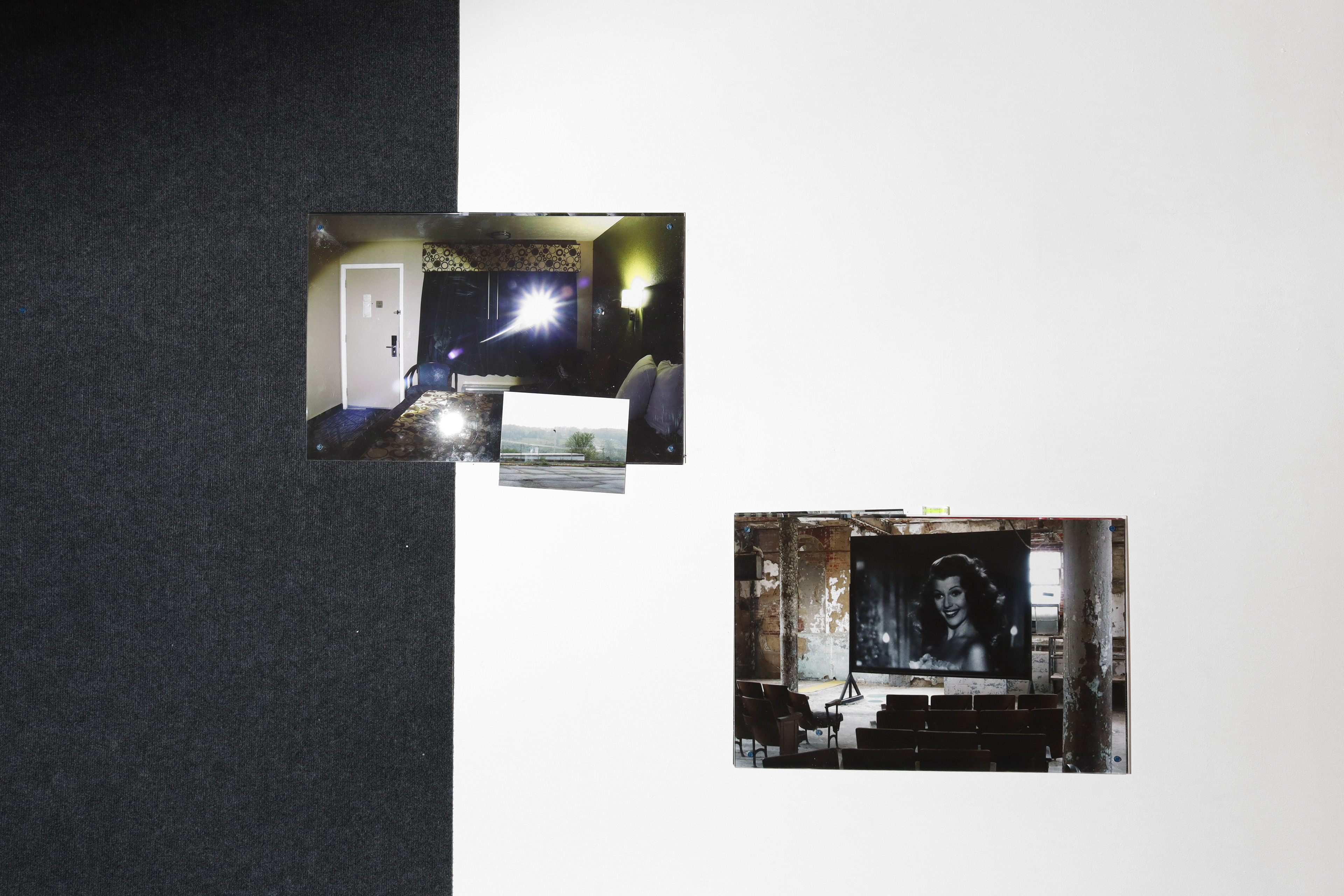 'Catching Orbital Debris (Motel)' 15 archival pigment prints on top of one another, plexiglass, concrete screws, *score and 'Catching Orbital Debris (Ohio State Reformatory)' 21 archival pigment prints on top of one another, plexiglass, concrete screws, *score