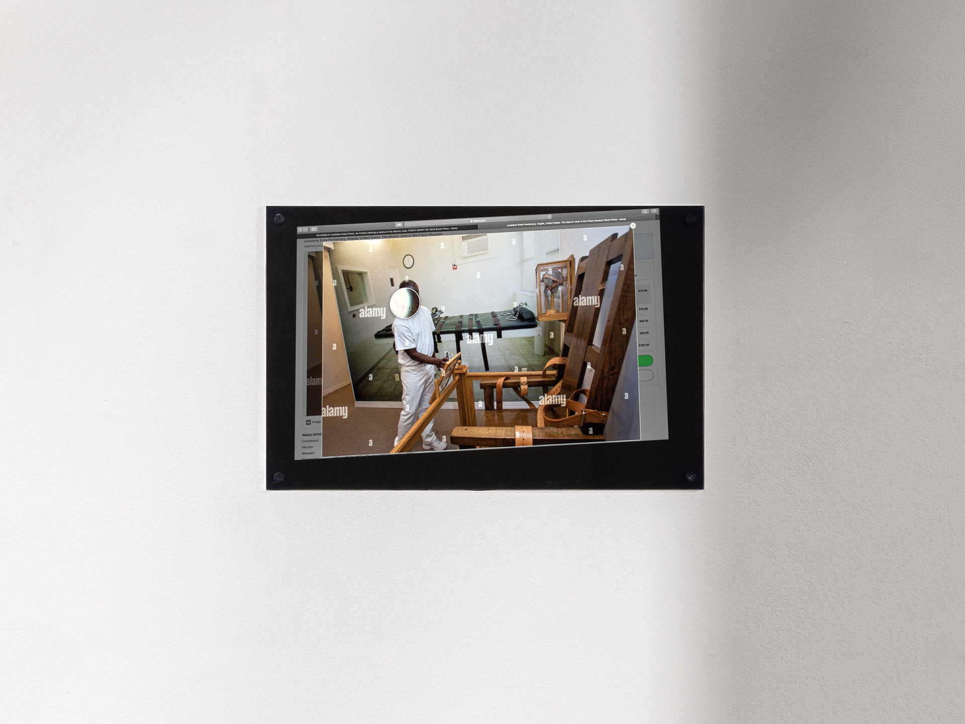 'Palimpsest' materials: unlicensed Alamy stock image, non-archival pigment print behind non-uv protective plexiglass, concrete screws, humming.