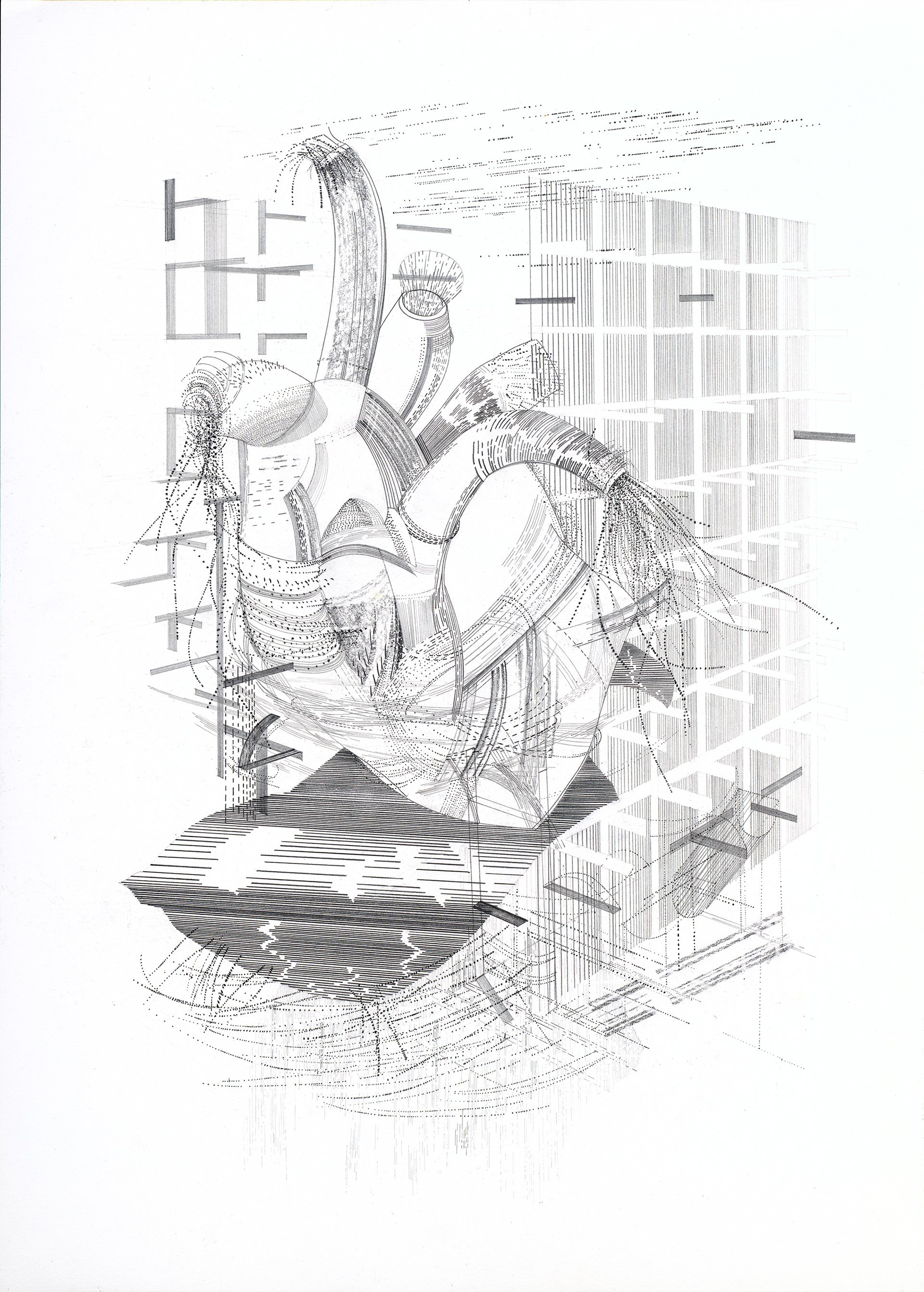 Schwung im Korridor-2020, Graphit auf Papier, 70 x 50 cm