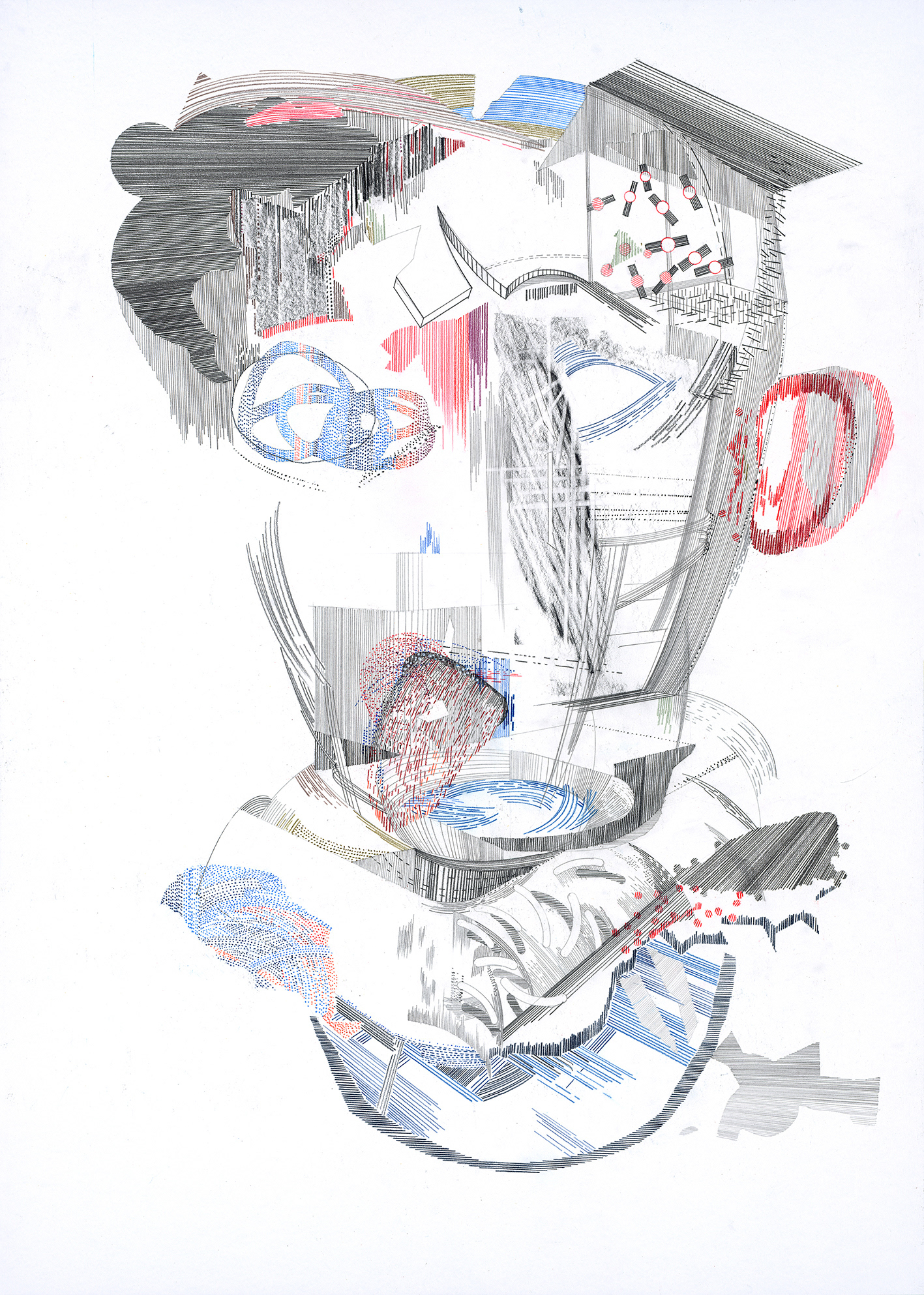 Es liegt auf der Zunge, 2022, Graphit und Buntstifte auf Papier, 70 x 50 cm