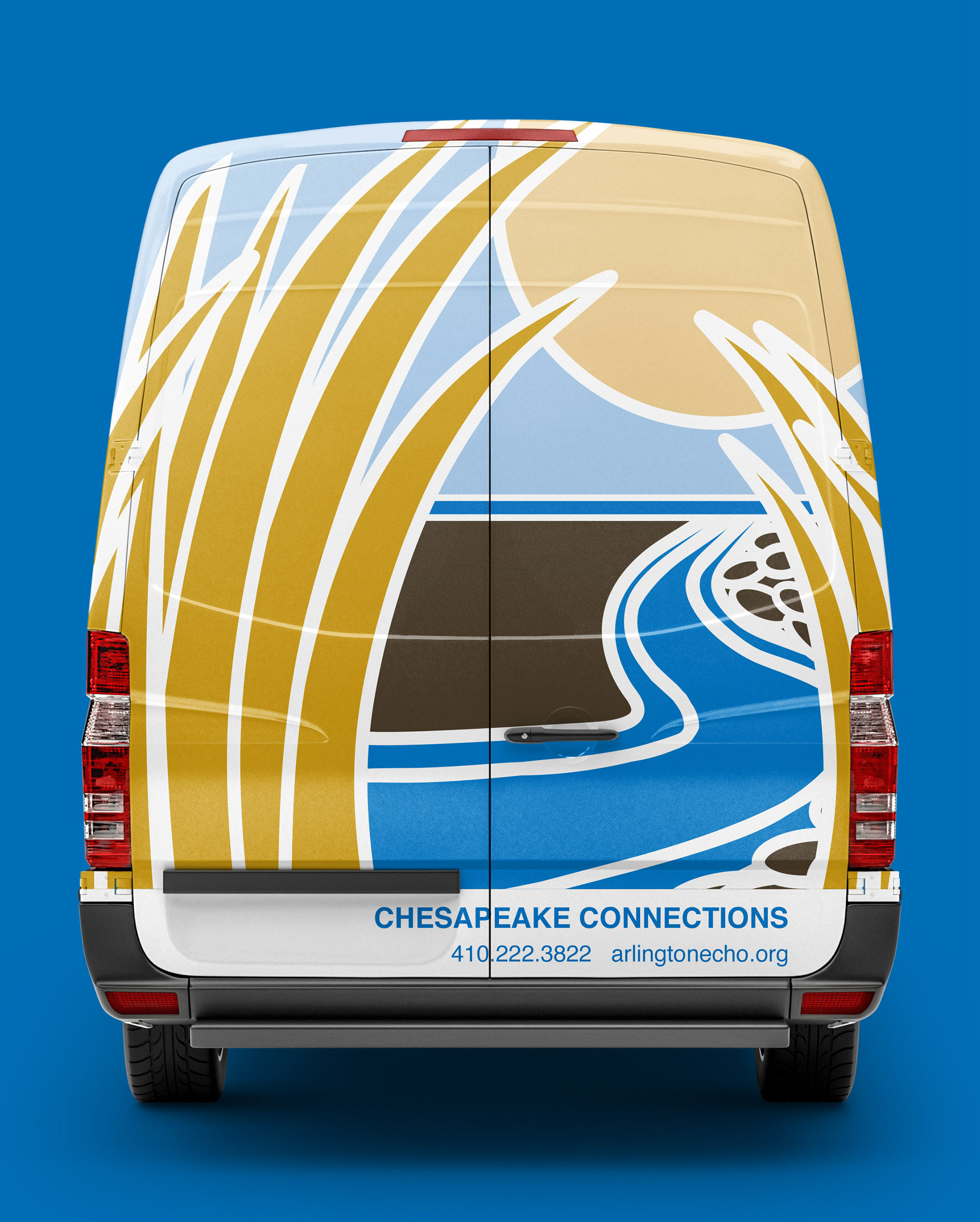 The back of a white van that has the scene from the Chesapeake Connections logo on it with their name and contact information underneath it. The van is on a blue background.