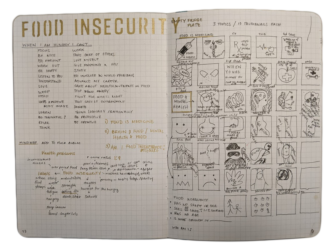 A notebook that is open with the words food insecurity in gold. The left page contains things I cannot do when hungry and a mindmap. The right page contains tiny design roughs.