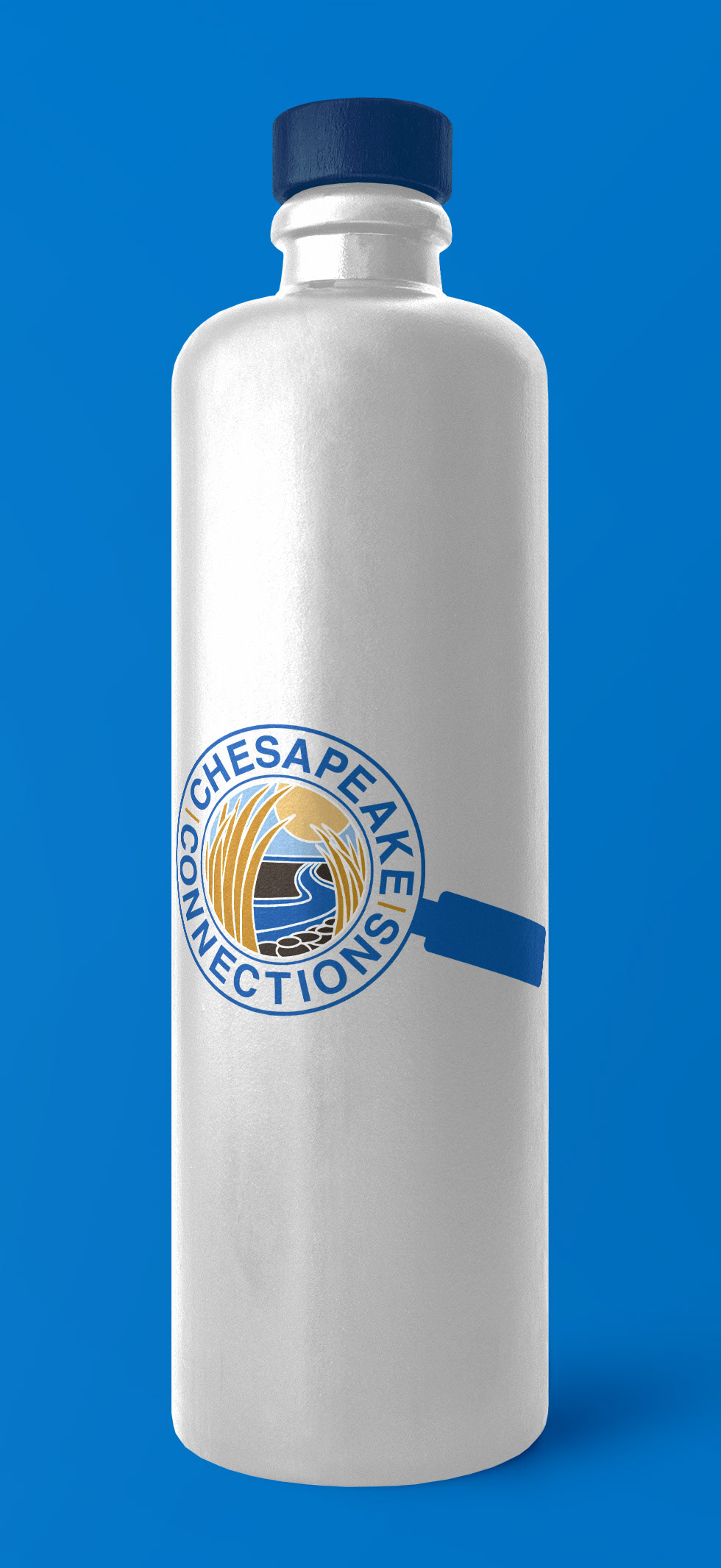 A White steel water bottle with a blue lid. In the middle of the water bottle is a Chesapeake Connections logo. The water bottle is in front of a blue background.