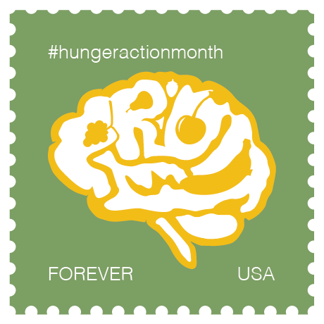 A green stamp with a yellow brain on it. The folds of the brain are white and create the word fruit. Inside the negative space of the letters are shapes that look like different fruits. The top left of the stamp is a hashtag that reads 'hunger action month' in white. The bottom of the stamp has the words forever and USA printed in white all caps.