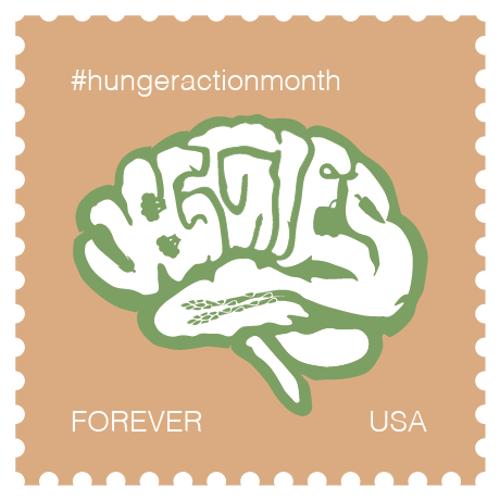 A tan stamp with a green brain on it. The folds of the brain are white and create the word 'veggies'. The negative space of the letters creates shapes of different vegetables. The top left of the stamp is a hashtag that reads 'hunger action month' in white. The bottom of the stamp has the words forever and USA printed in white all caps.