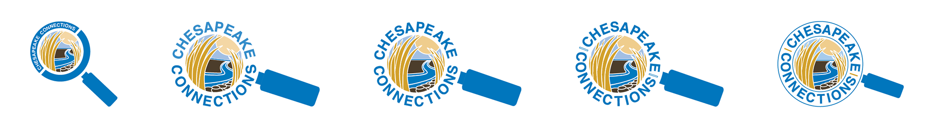 The evolution of the Chesapeake Connections logo. It started out having the entire magnifying glass in blue with white text on top. The second version has the outer edge of the magnifying glass replaced with the text making the edge instead. This text is two tones of blue. The third version has 1 color blue to make the text forming the outer ridge. The fourth version has bars in-between the Chesapeake Connections so that the text is more easily read. The fifth adds a thin line as the out and inner edges of the magnifying glass. The line is blue and goes around the text. The bars placed in-between Chesapeake and Connections is the yellow from the logo.