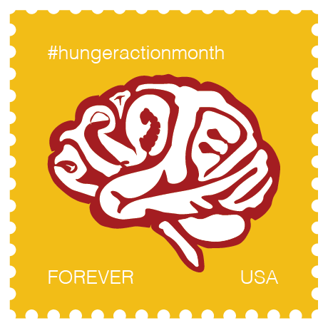 A yellow stamp with a red brain on it. The folds of the brain are white and create the word protein. The negative space of the letters creates shapes of foods that are proteins, ie steak or chicken leg. The top left of the stamp is a hashtag that reads 'hunger action month' in white. The bottom of the stamp has the words forever and USA printed in white all caps.