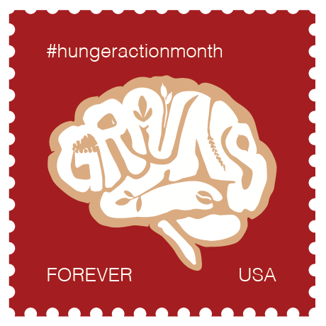 A red stamp with a tan brain on it. The folds of the brain are white and create the word 'grains'. Inside the negative space of the letters are shapes that look like different grains. The top left of the stamp is a hashtag that reads 'hunger action month' in white. The bottom of the stamp has the words forever and USA printed in white all caps.
