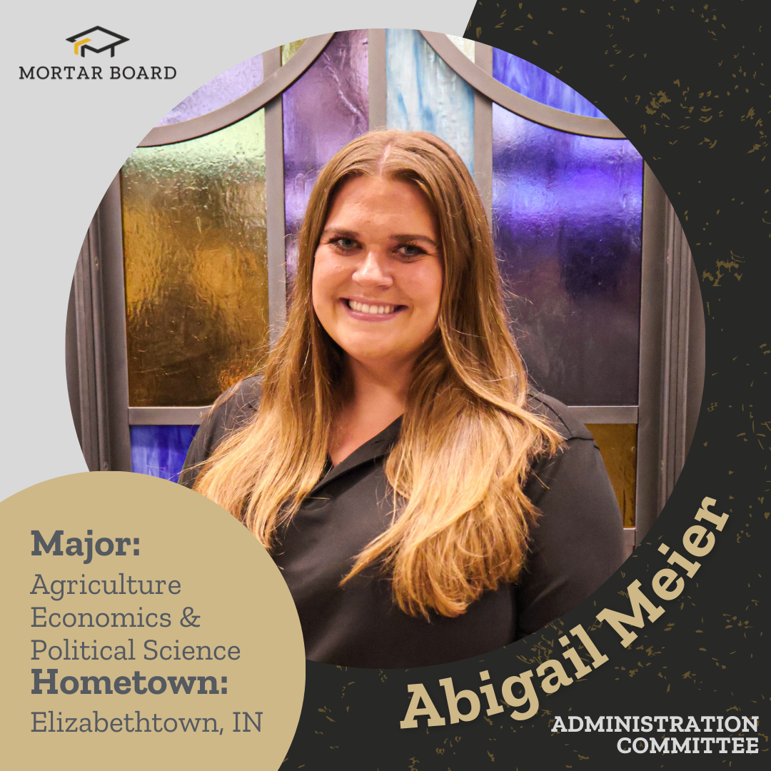 Now introducing the next member of the Admin Committee, Abby Meier!  Abby is pursuing a double major in Agricultural Economics and Political Science, and she is originally from Elizabethtown, IN.  Abby has served as a host and Directing Co-Chair for @rppurdue , and is involved in many @purdue_ag organizations including @purdue_agecon and @purdueagweek. Over the past two summers, Abby has served as an Agriculture Policy Intern with the US House of Representatives and a Government Relations Intern for the Corn Refiners Association in Washington D.C.  After graduation in May, Abby hopes to return to the capital to pursue a career in agriculture policy.  Thank you, Abby, for all you do for Mortar Board! 🌽🏙️🪴  #Purdue #MortarBoard #PurdueMortarBoard