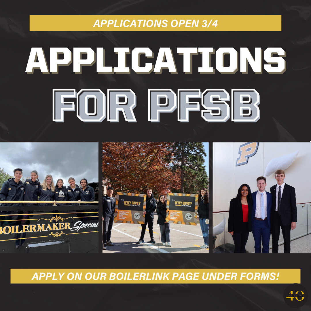 Purdue Foundation Student Board Applications are officially open! 🥳Applications will now close March 19th at 11:59pm, so apply now. From supporting alumni events to advocating for Purdue private giving on campus, PFSB is celebrating its 40th anniversary and is excited for new member applications.  Have a question about applications or PFSB? Dm us. Link for application in bio. We hope to see your application soon!