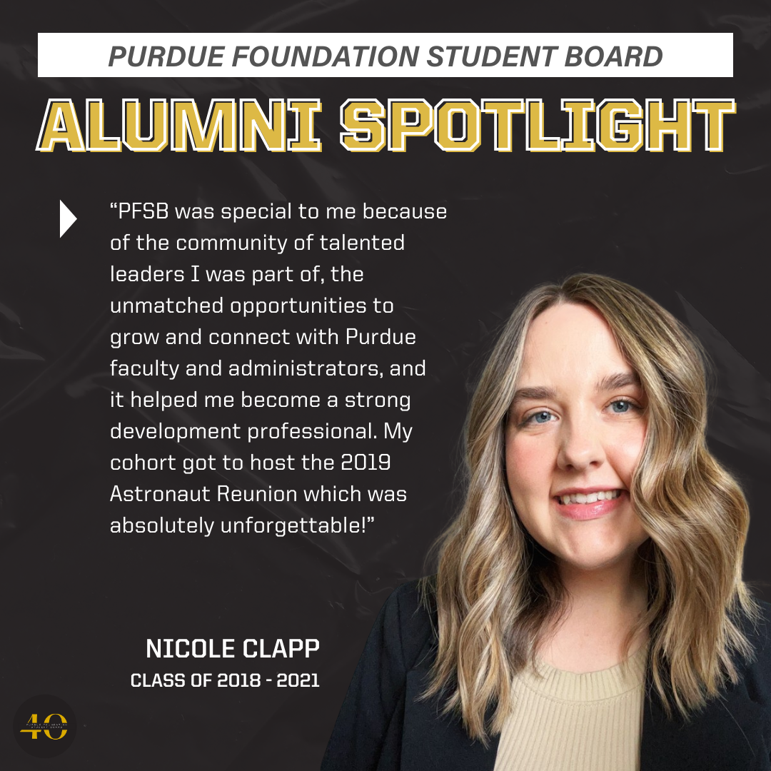 It's the first day of our Alumni Spotlight series! 🙌 Learn more from Nicole Clapp, a member of PFSB from 2018-2021, talk about her experience connecting with faculty and administrators through her impact on PFSB.  ▶ Interested in joining PFSB? Our applications are now open until March 18th at 11:59 pm. Check out the linktree in our bio for more information! ℹ️  #purdue #PFSB #PFSBalumni
