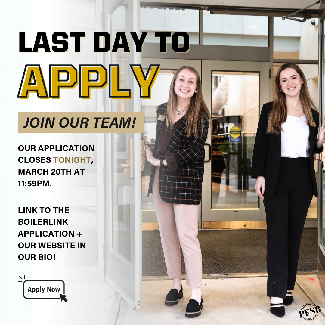 Last day to apply for our class of 2023-2024. Be sure to get your application in TONIGHT! ⏳  We look forward to recruiting our next class of passionate students interested in making an impact at Purdue!