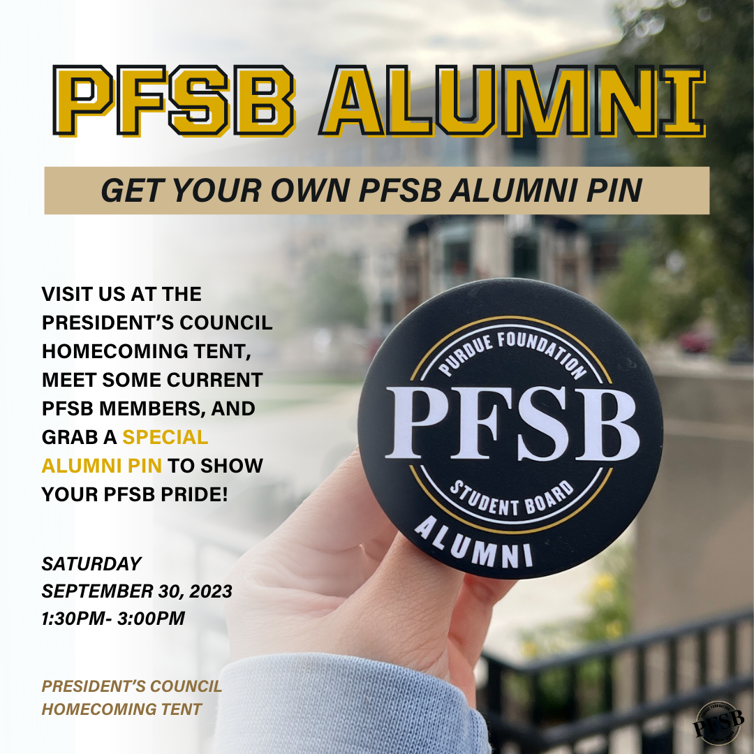 📢 Attention, PFSB Alumni! Ready to show off your PFSB spirit?  Join us for the President’s Council Tailgate at this year's Homecoming on Saturday, September 30th! 🏈  Come say hello to our current PFSB members, get the inside scoop on our exciting projects for the year, and snag your very own exclusive collectible pin! 🌟 Hope to see you there!  #PFSB #Homecoming #PFSBAlumni