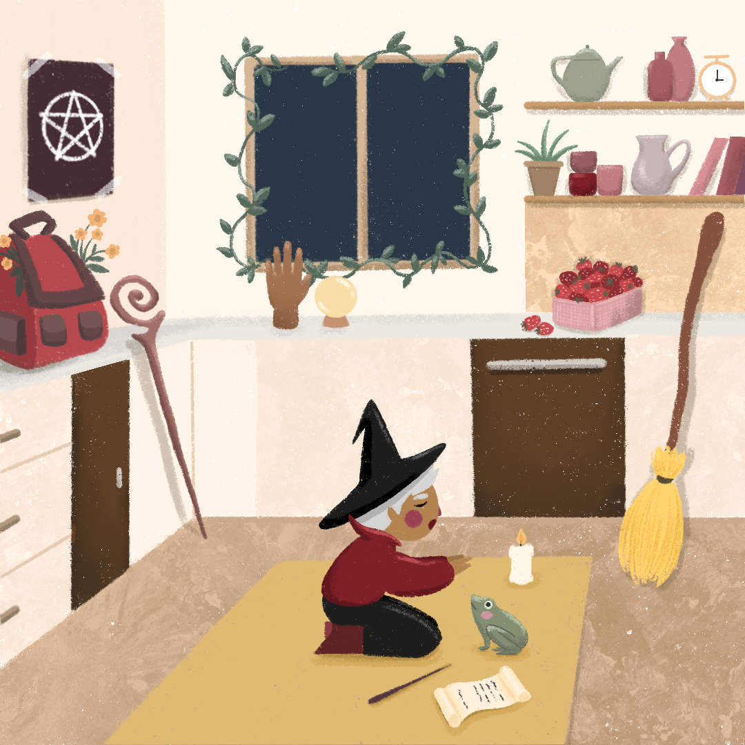 Li'l boy witch trying out some new spells on his froggy