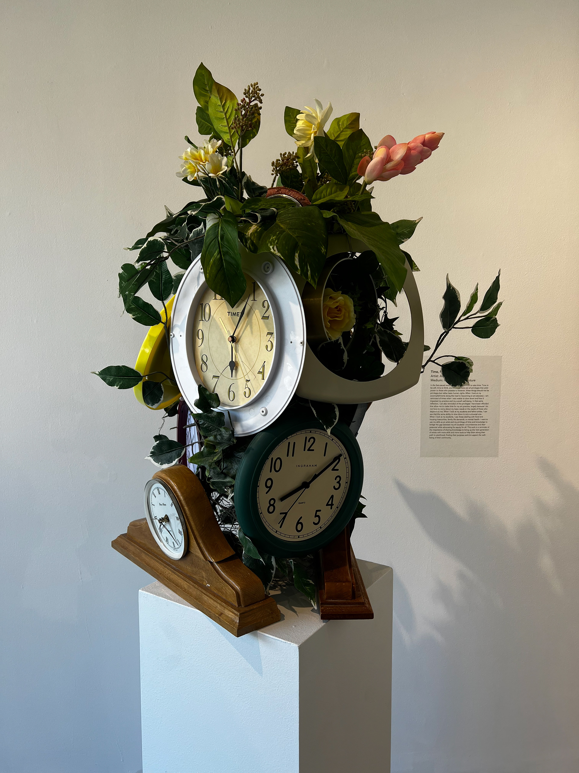 Title of Work: Time, Power, and Privilege Medium: Mixed media sculpture Date: March 2023 Description: In the fast-paced world we live in, it is difficult to take time. Time to be still, time to think, and time to create are all privileges that yield power to those who possess it; however, these things should not be privileges but rather basic human rights. When I look at my accomplishments along the road to becoming an art educator, I am reminded of times when I was unable to slow down and how it impacted my practice and my overall well-being. In that same reflection, I am also reminded of the privileges I have been afforded that allow me to make time for my art practice, largely because I do not have to worry about my basic needs or the needs of those who depend on me. When I look at my students and fellow artists, I can see that the same ability to slow down is not a universal one.