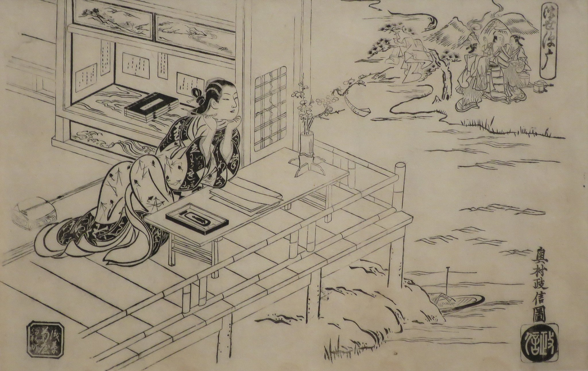 A Stylish Suma: Lady Murasaki Shikibu by Okumura Masanobu (Source: Public domain, via Wikimedia Commons)
