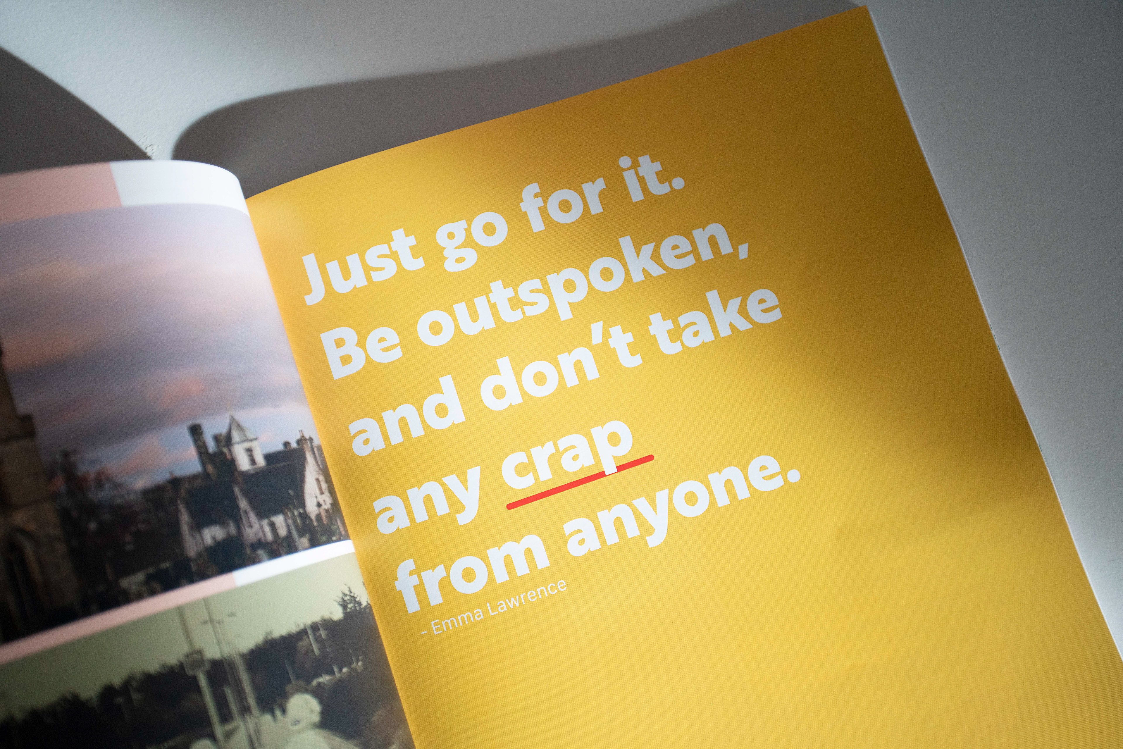 A quote from Emma. Emma's work is on pages 40-43. Physical copy. March 2021.