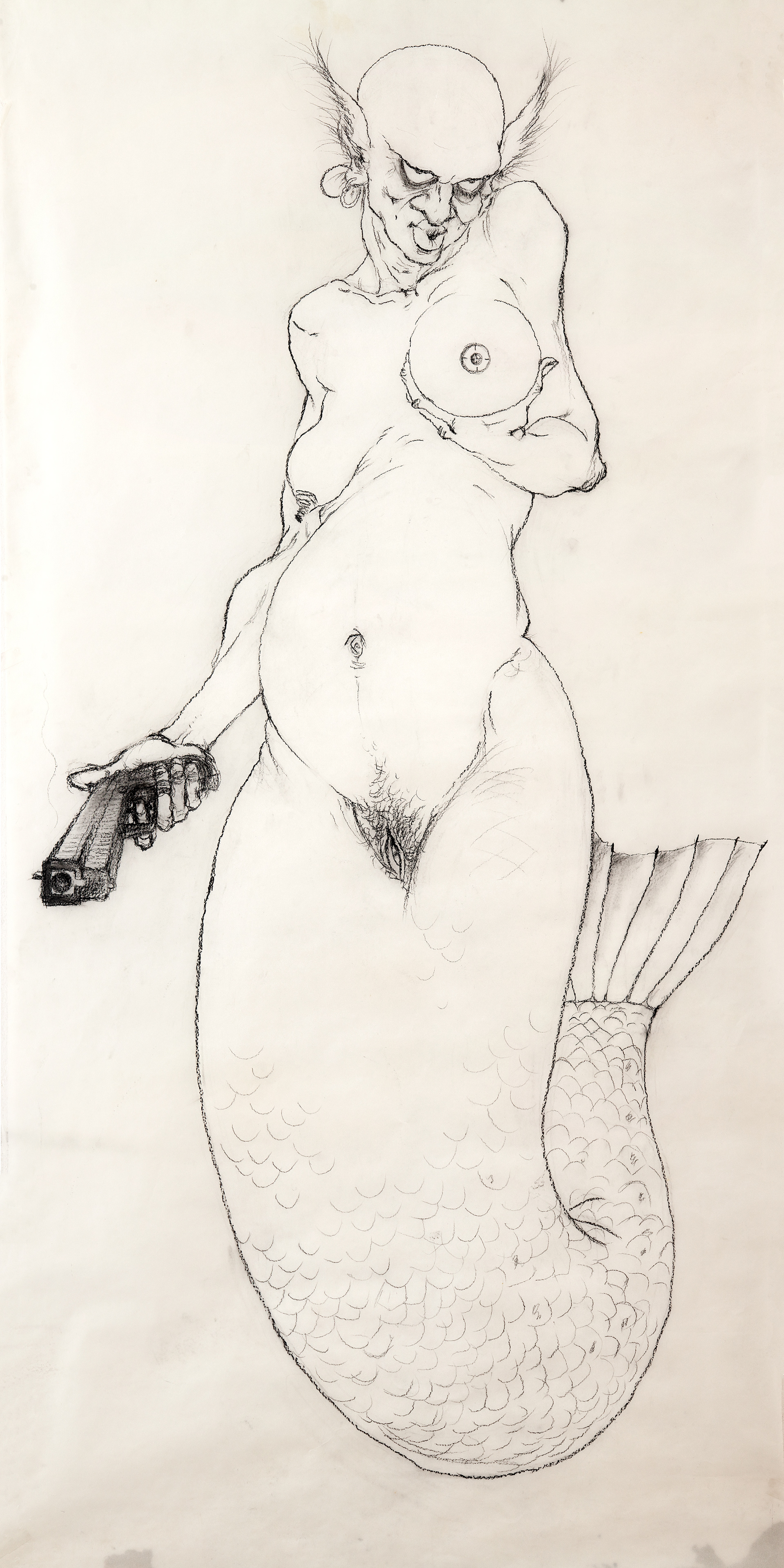 Mirmaid, graphite on transparent paper, 1x2m