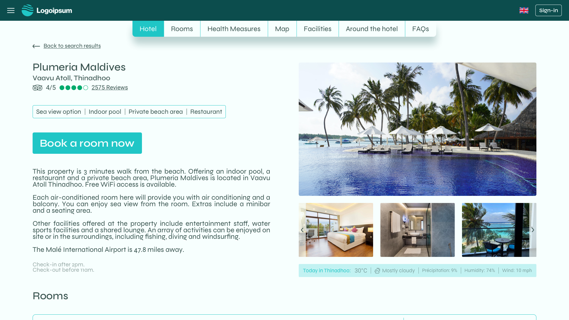 Prototype screen of the hotel details page