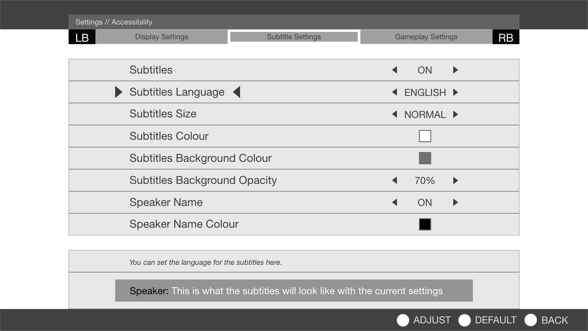 Subtitle settings wireframe