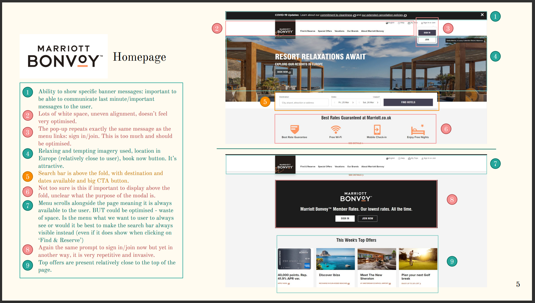 Example of a page from my competitive benchmark showing analysis of the Mariott Bonvoy homepage
