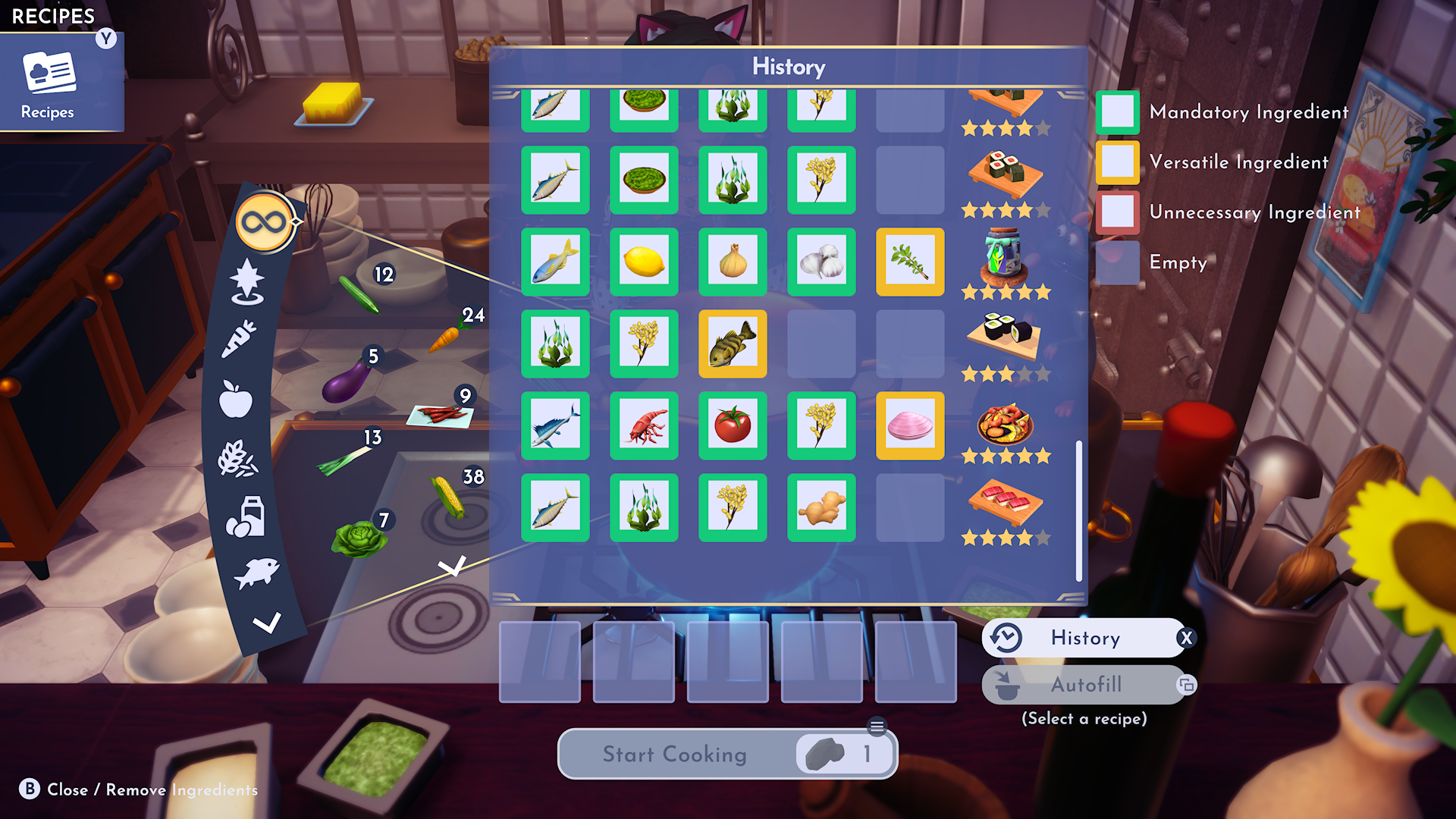 The history cooking screen where previous cooked dishes are listed