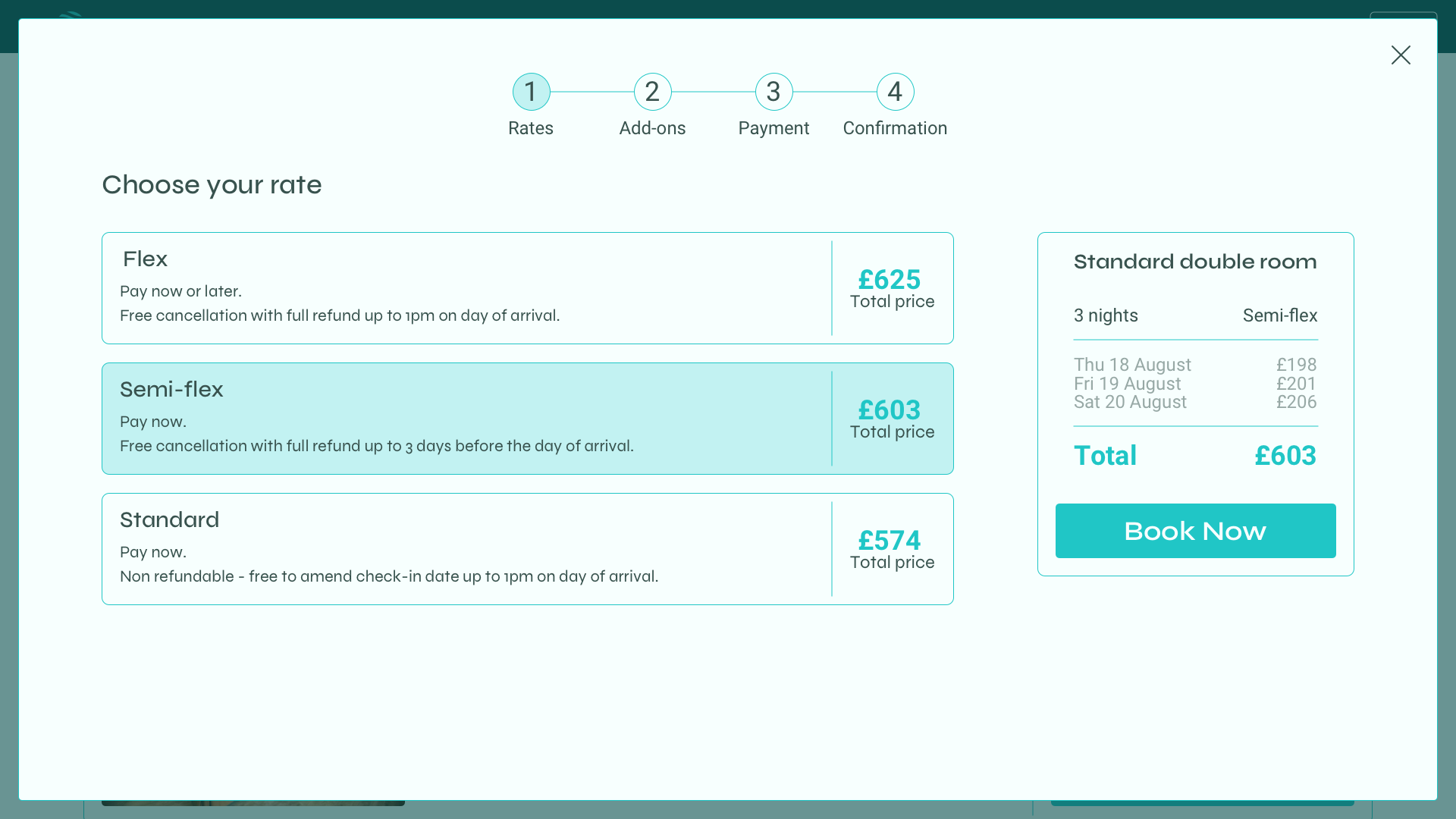 Prototype screen of the rates page