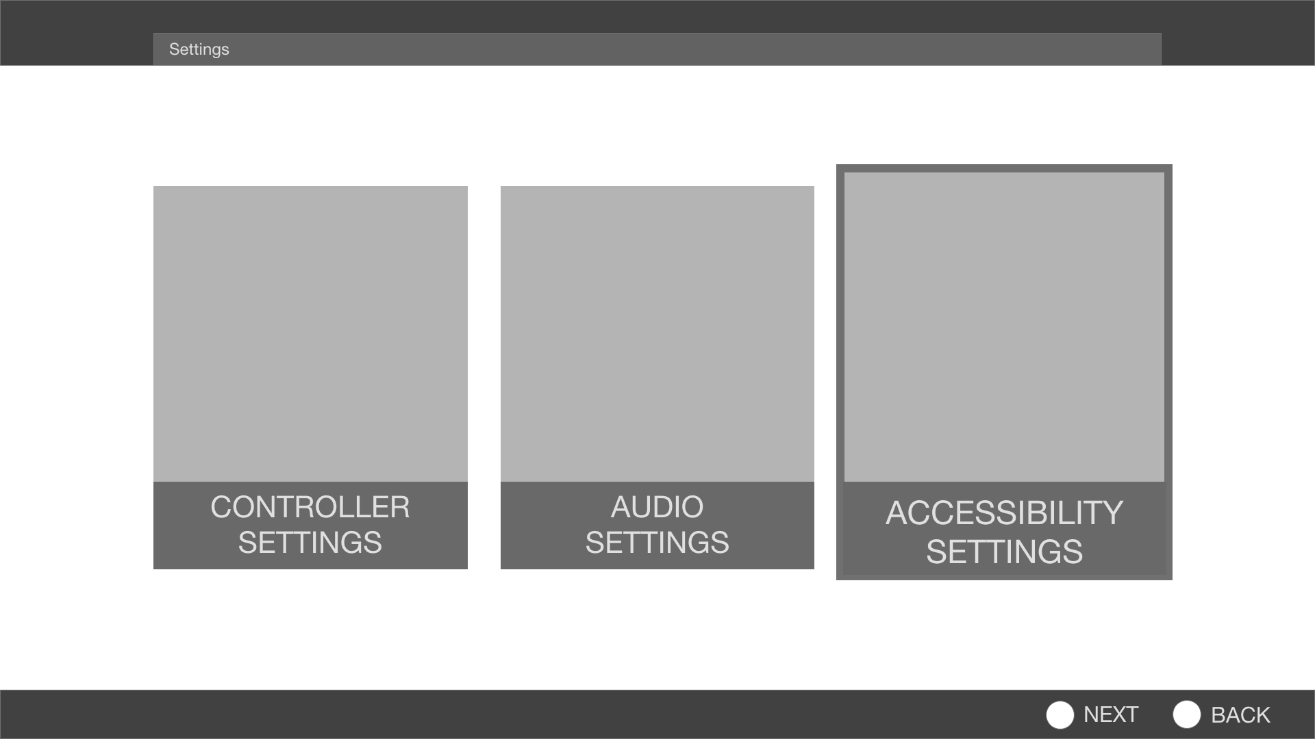 Settings menu wireframe