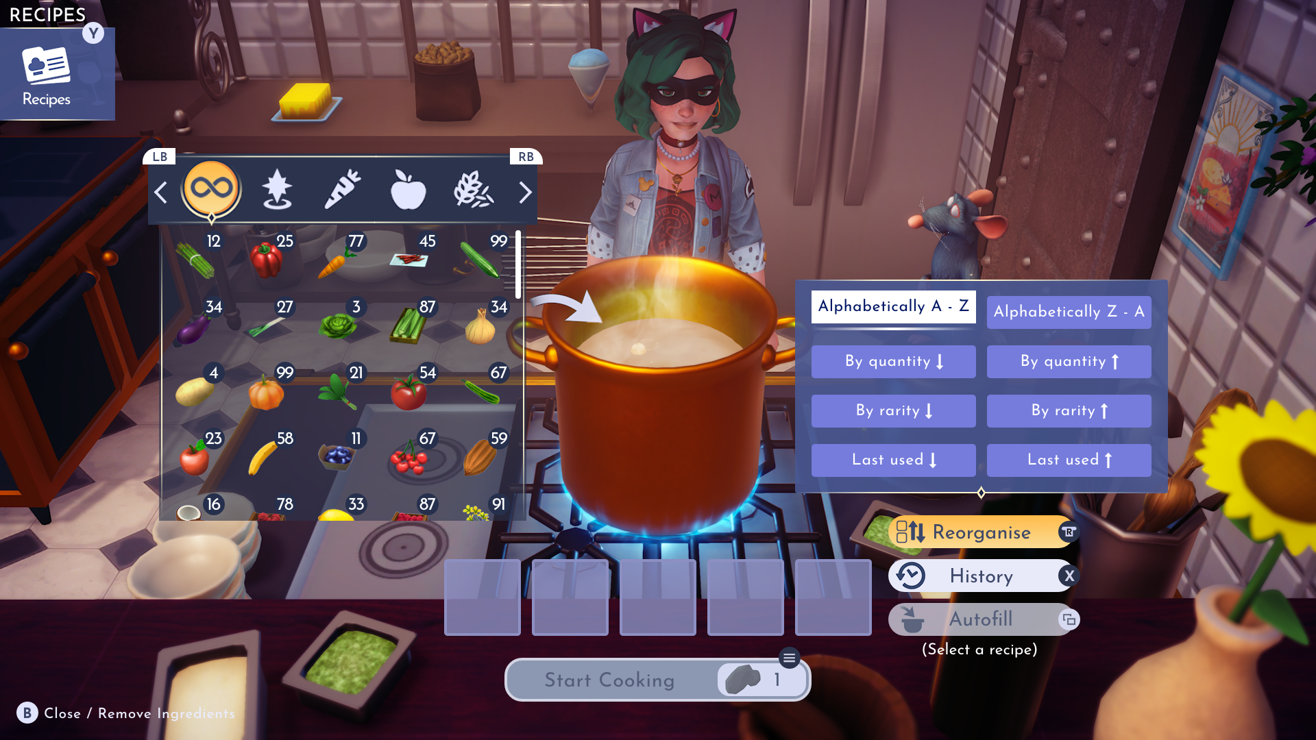 The Reorganise button opens a small modal that allows the sorting of ingredients