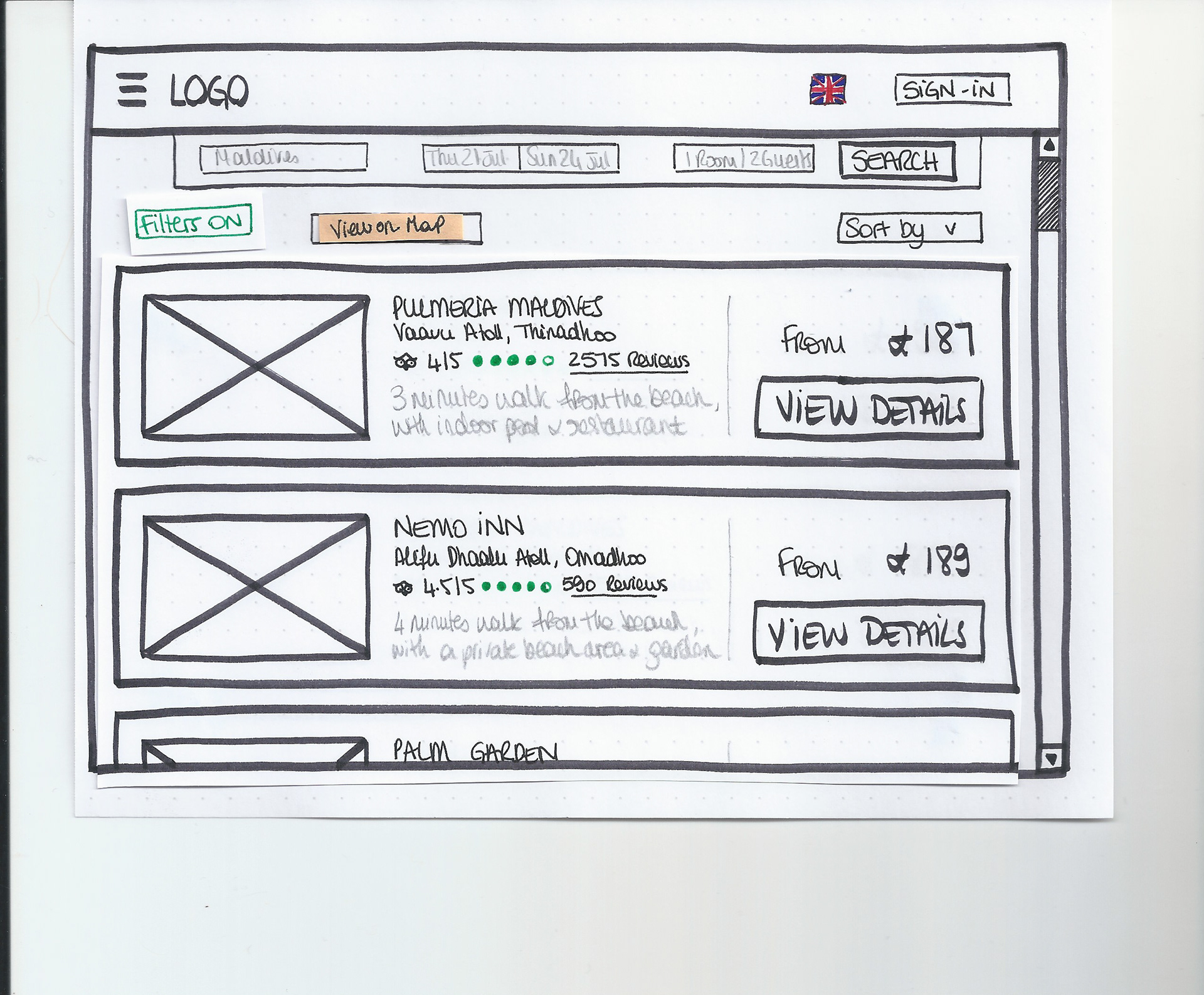 Sketch of the hotel results of the hotel booking website